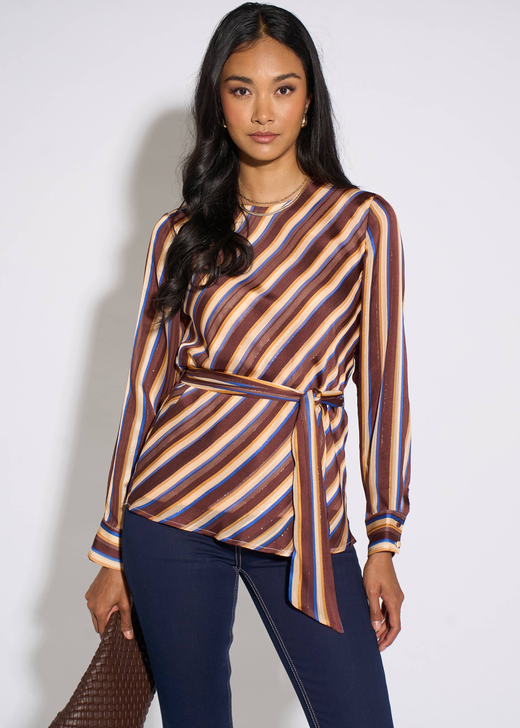 Brown Diagonal Stripe Sparkle Belted Blouse