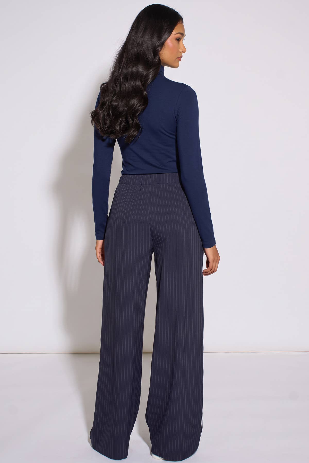 Navy Drawstring Pinstripe Wide Leg Jogger