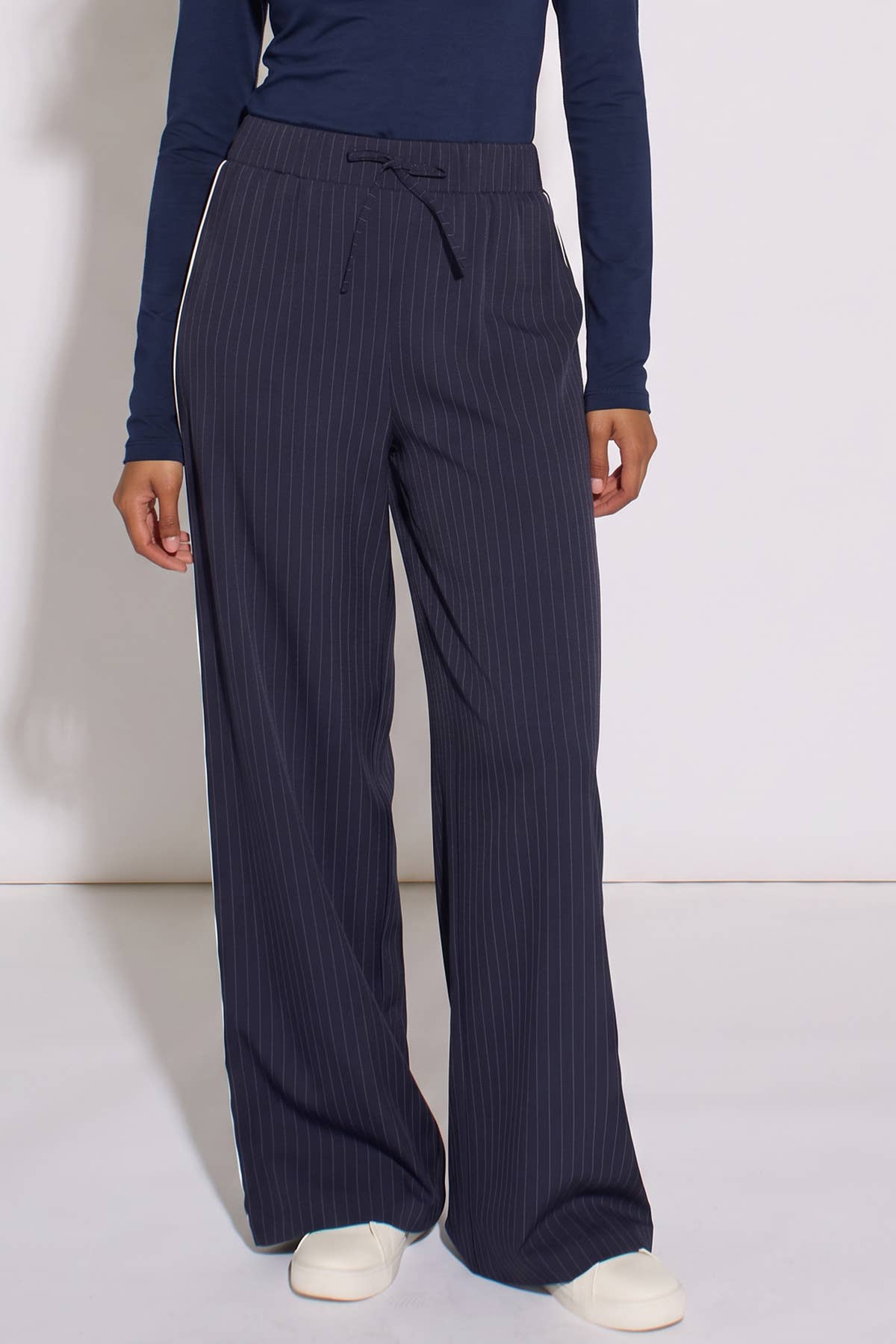 Navy Drawstring Pinstripe Wide Leg Jogger