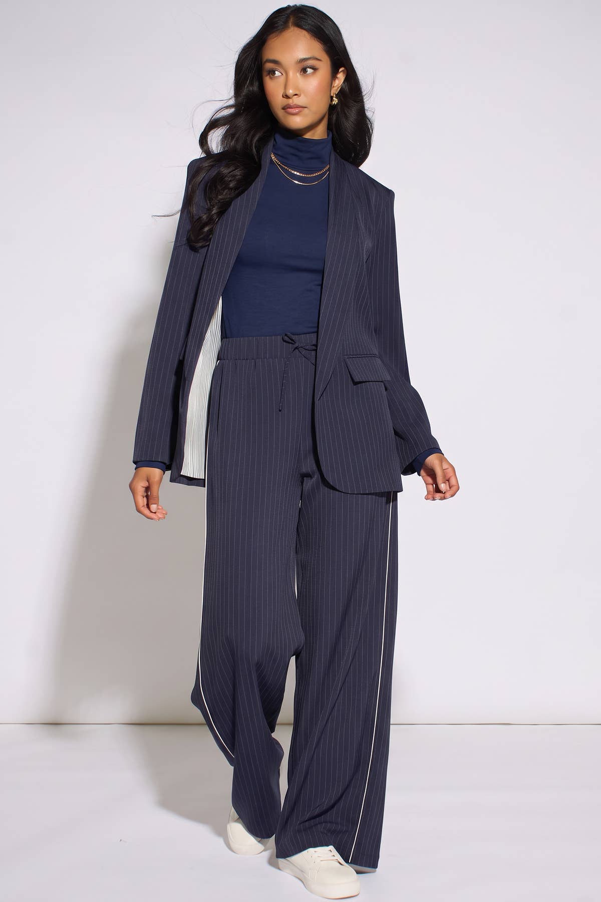 Navy Drawstring Pinstripe Wide Leg Jogger