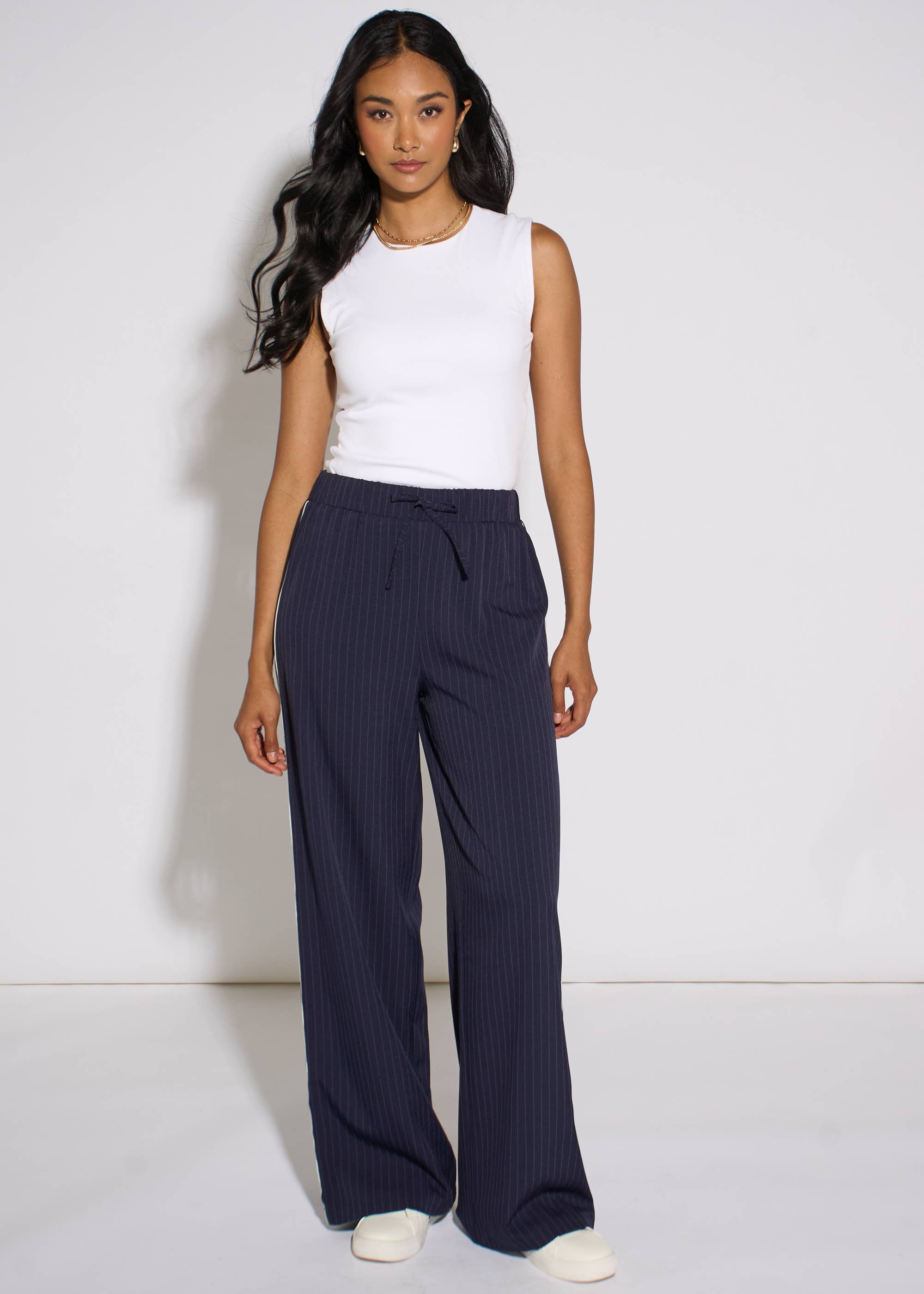 Navy Drawstring Pinstripe Wide Leg Jogger