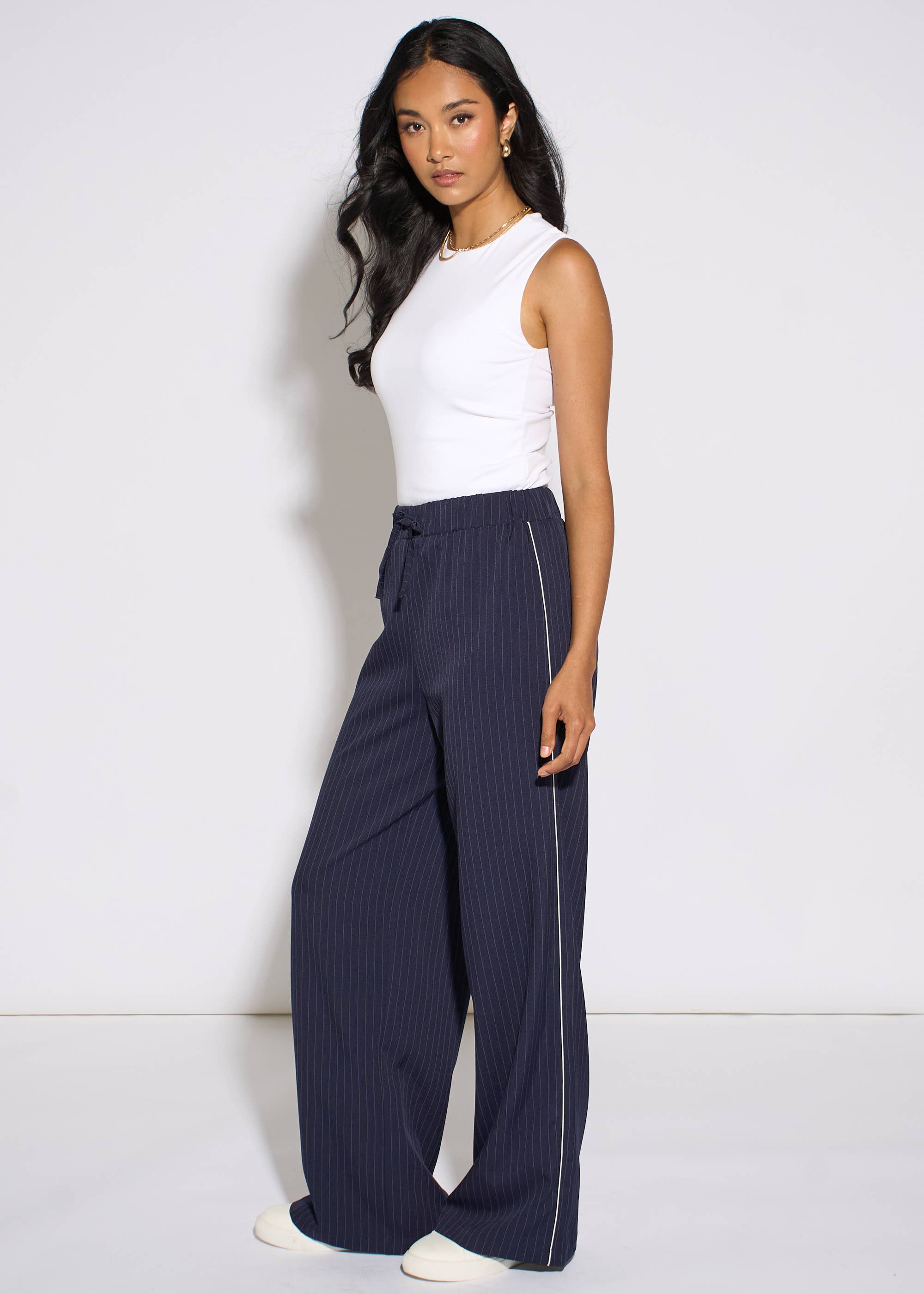 Navy Drawstring Pinstripe Wide Leg Jogger