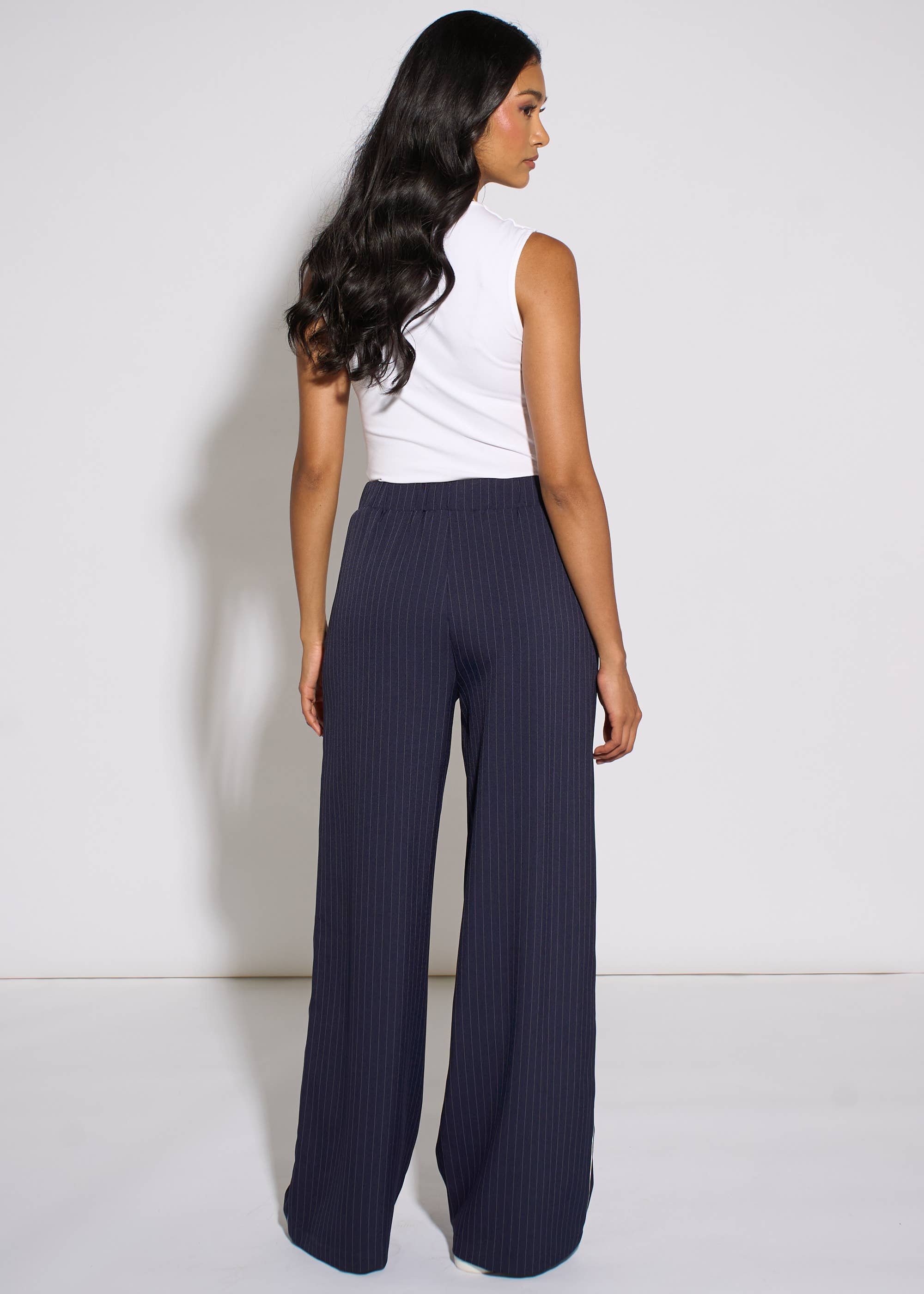 Navy Drawstring Pinstripe Wide Leg Jogger