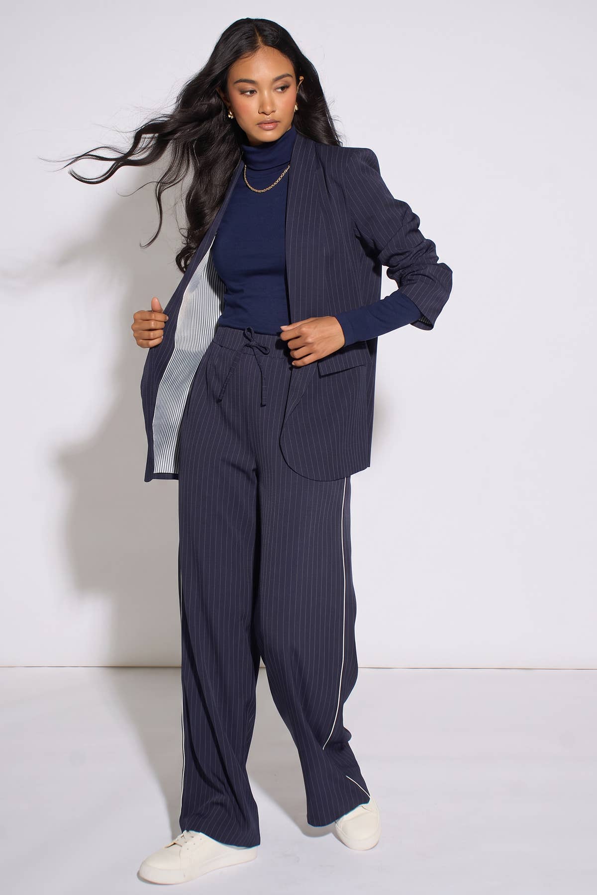 Navy Drawstring Pinstripe Wide Leg Jogger