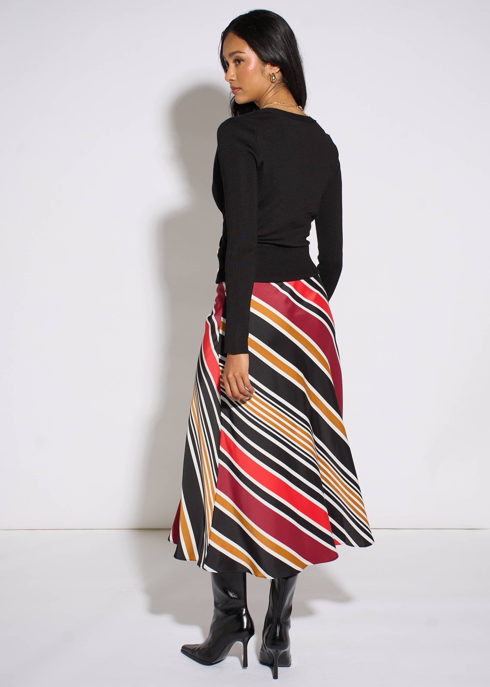 Black Stripe Satin Biased Midi Skirt