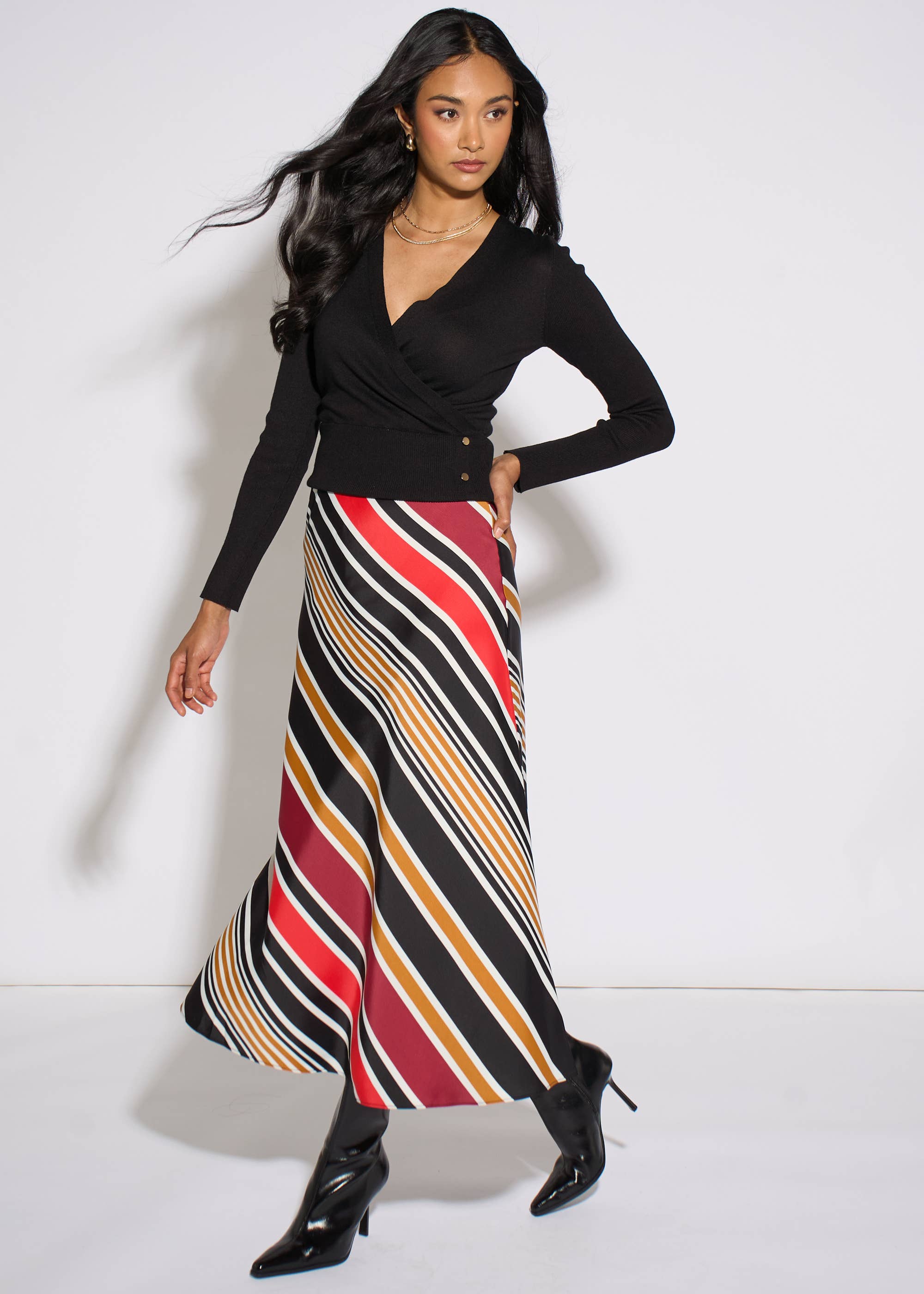 Black Stripe Satin Biased Midi Skirt