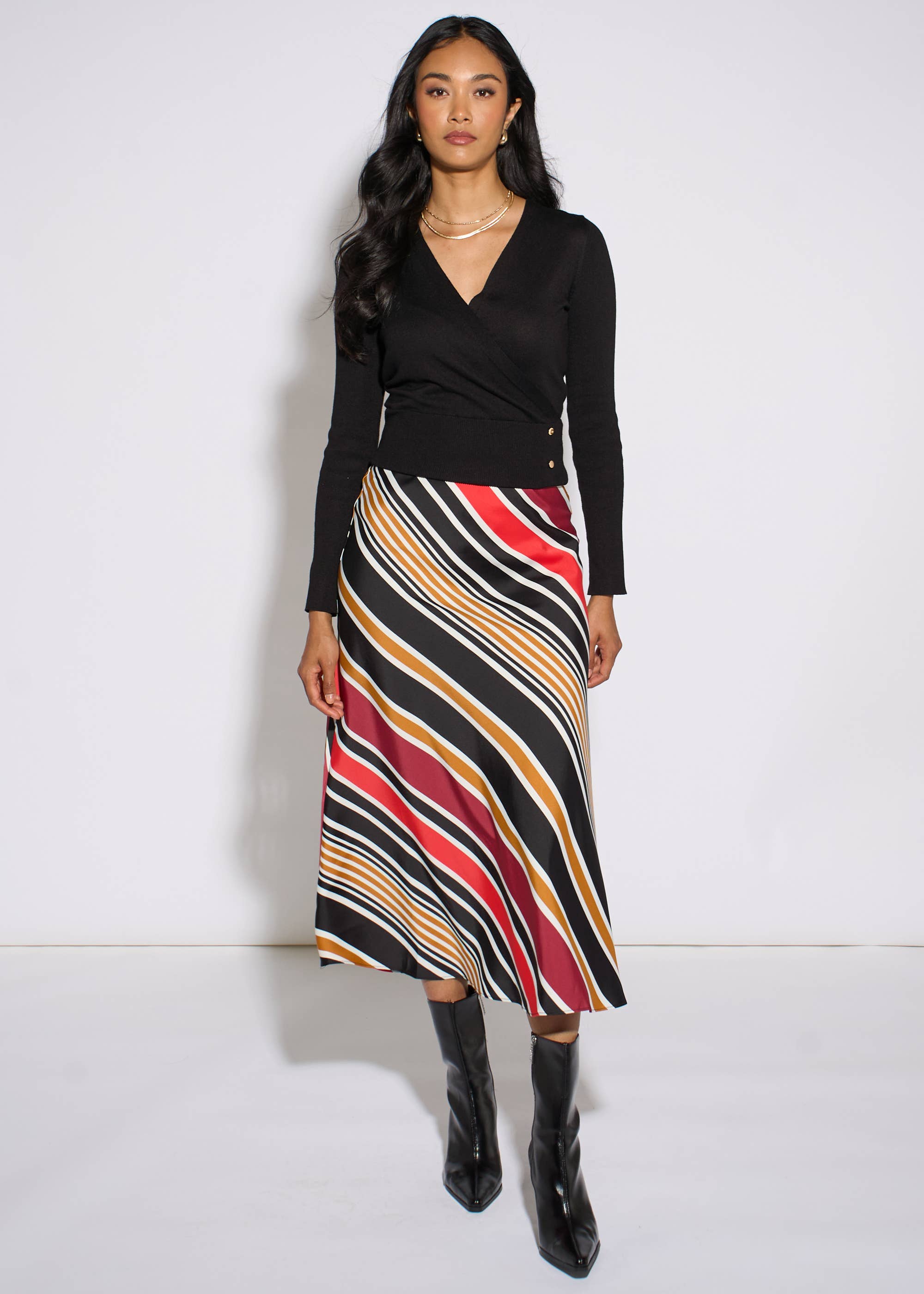 Black Stripe Satin Biased Midi Skirt