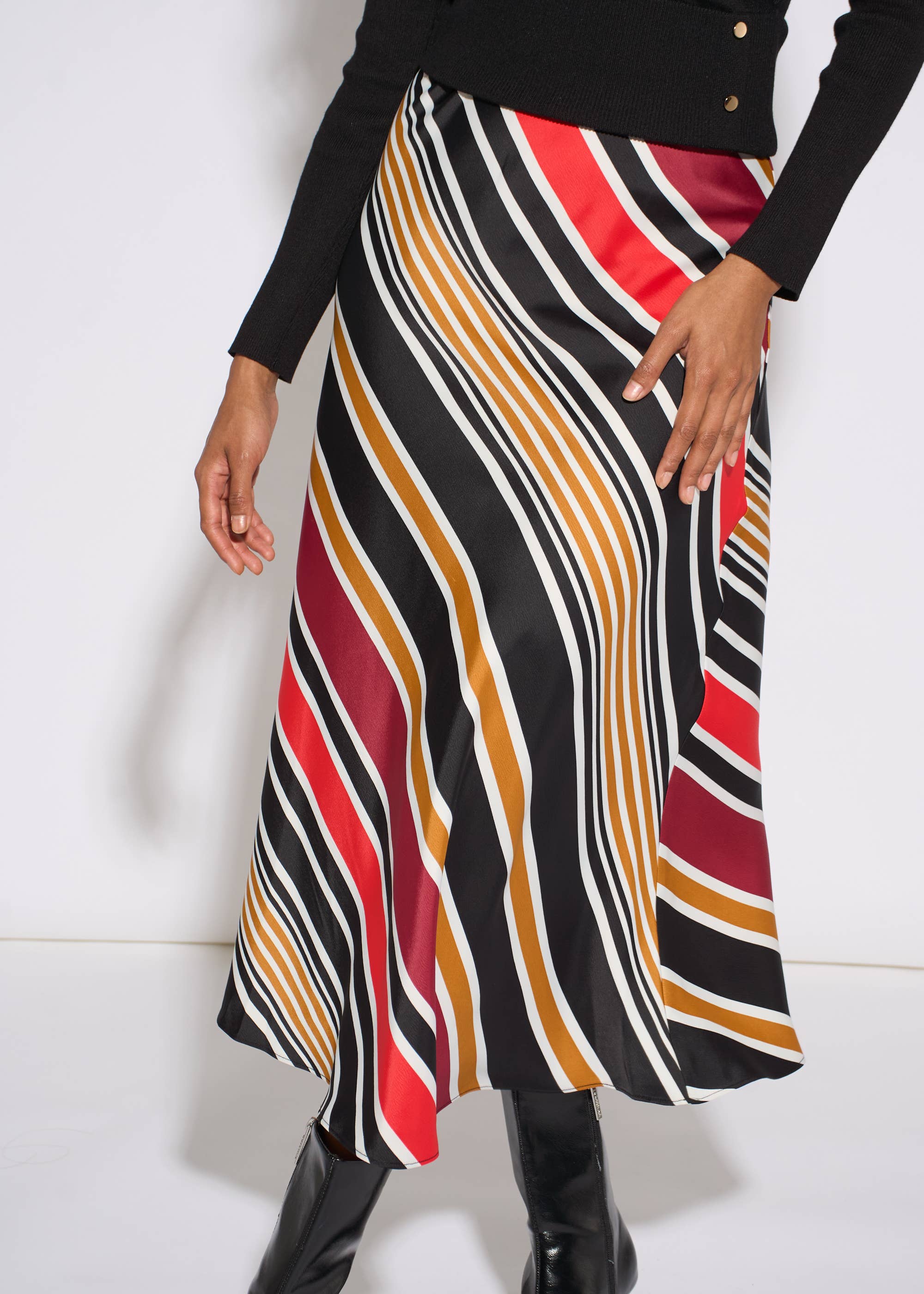 Black Stripe Satin Biased Midi Skirt