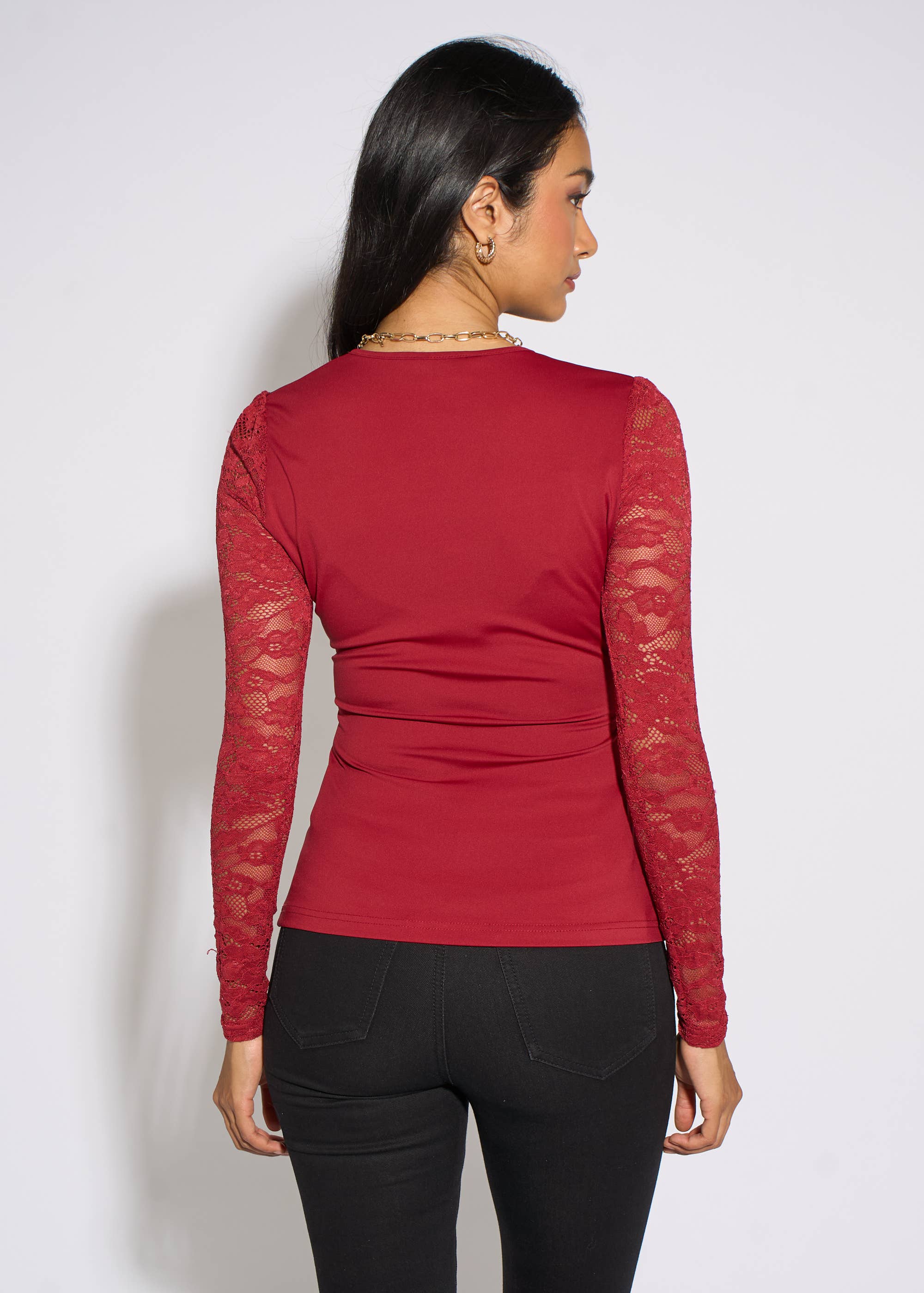 Red Lace Sleeves Jersey Wrap Front Top