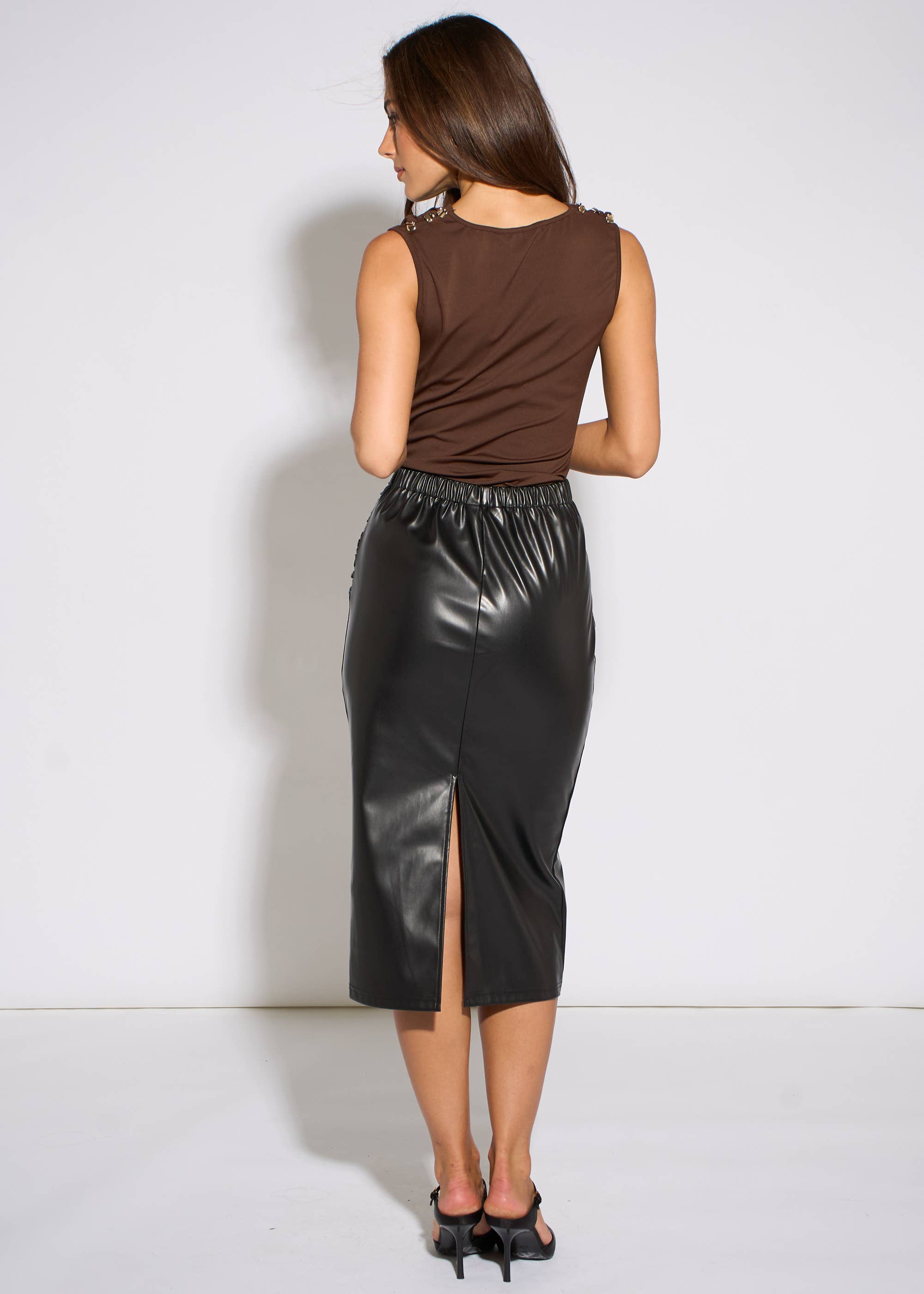 Black Faux Leather Ruched Side Pencil Skirt