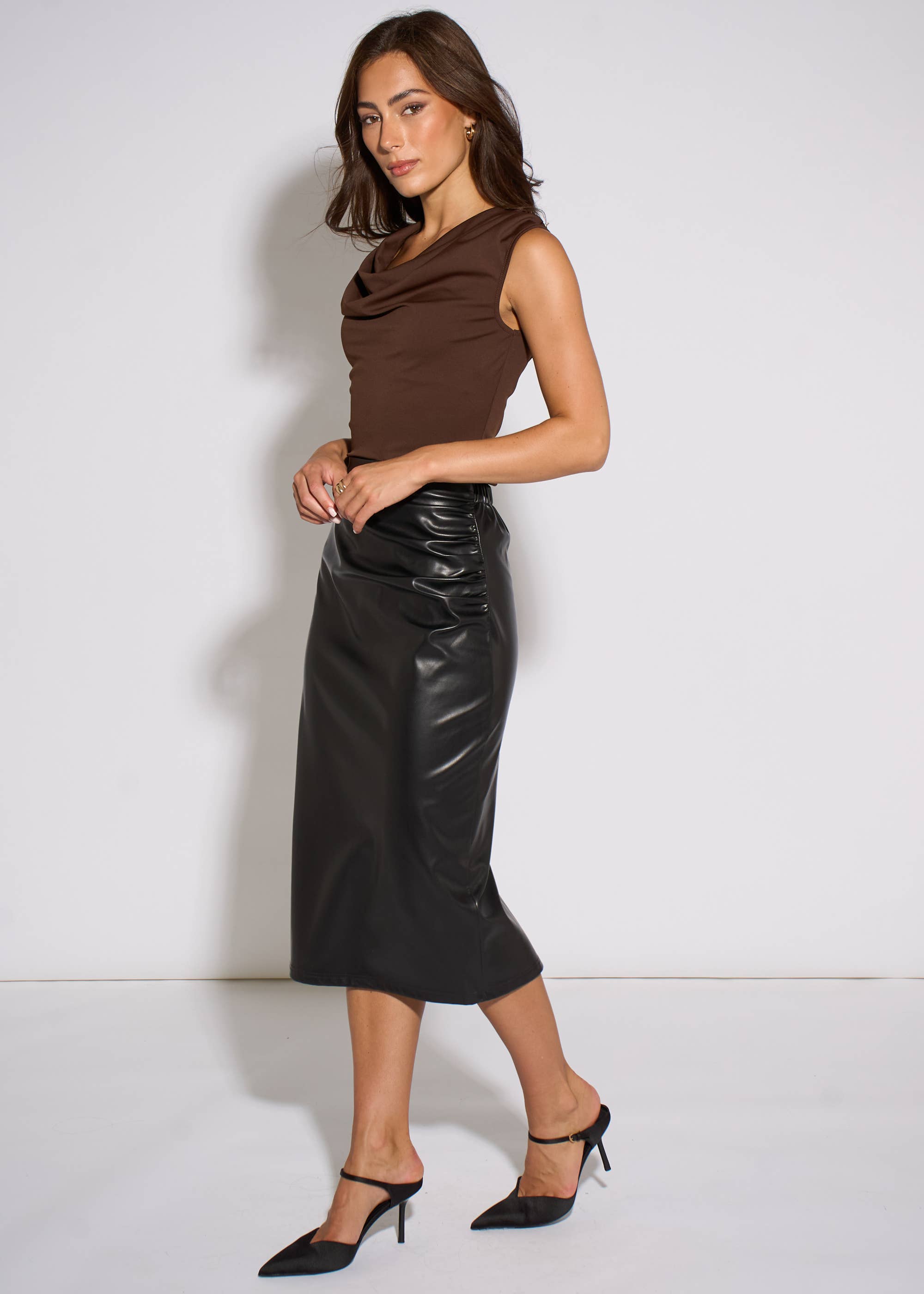 Black Faux Leather Ruched Side Pencil Skirt