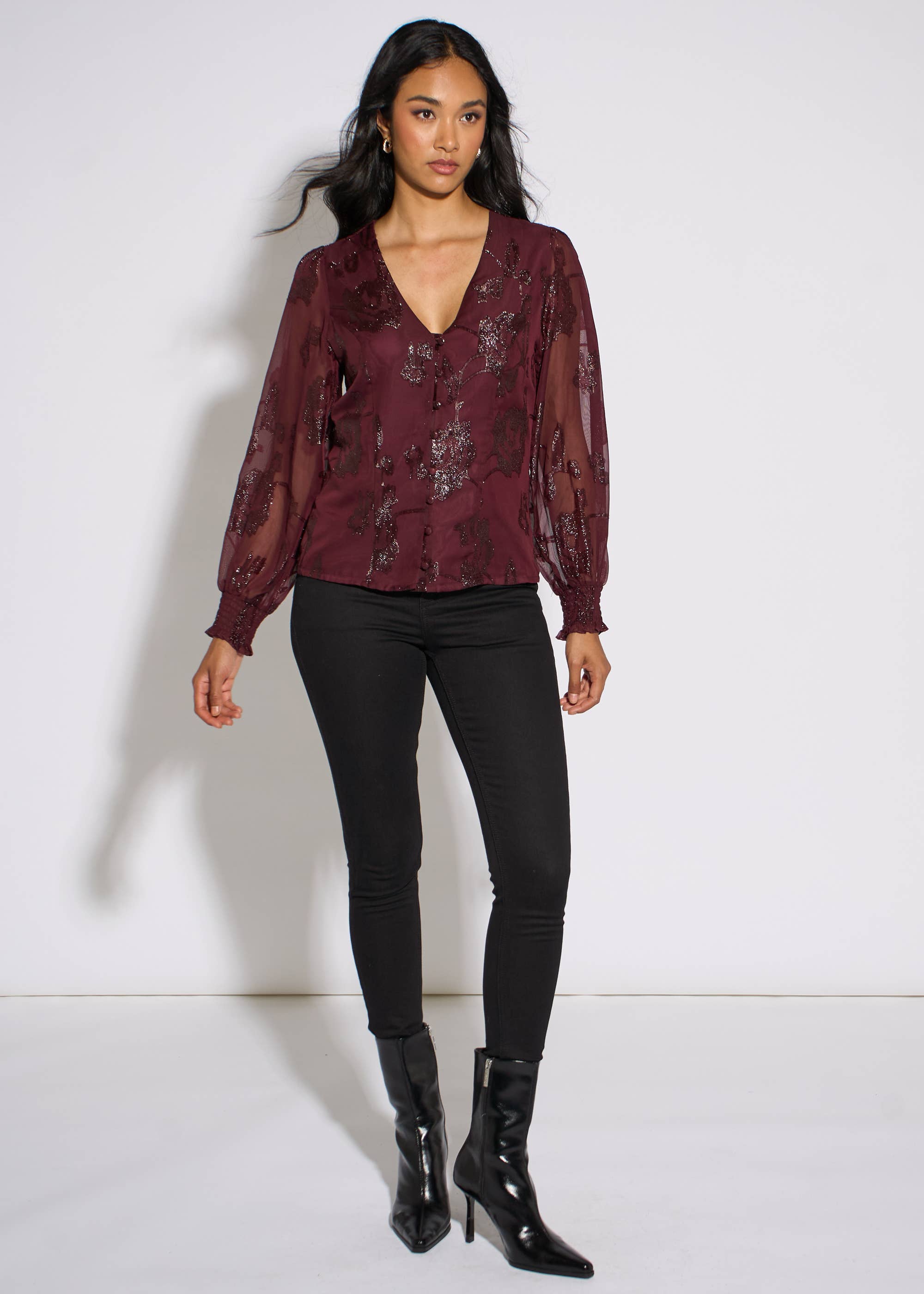 Plum Floral Sparkle Jacquard Blouse