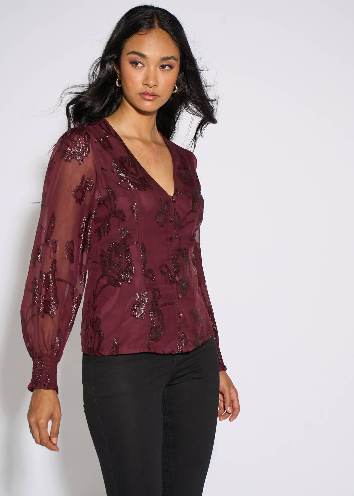 Plum Floral Sparkle Jacquard Blouse