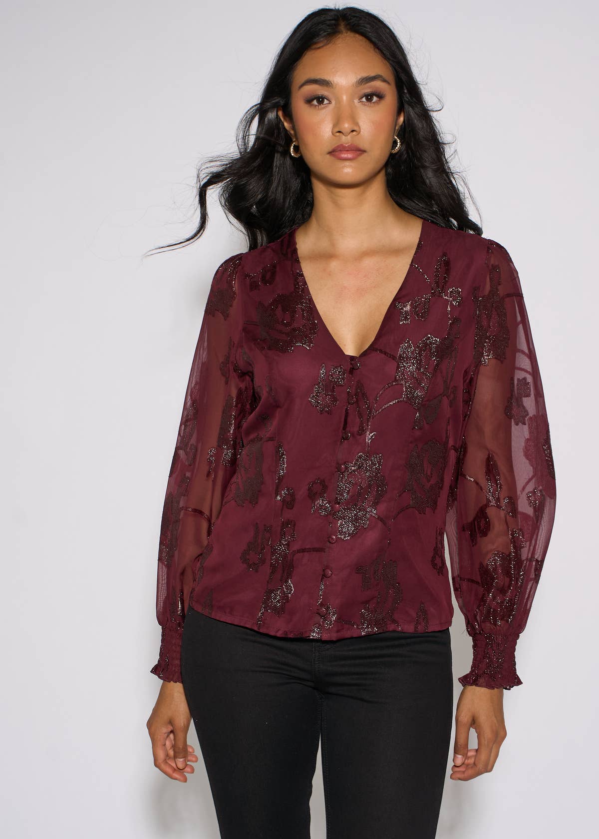 Plum Floral Sparkle Jacquard Blouse