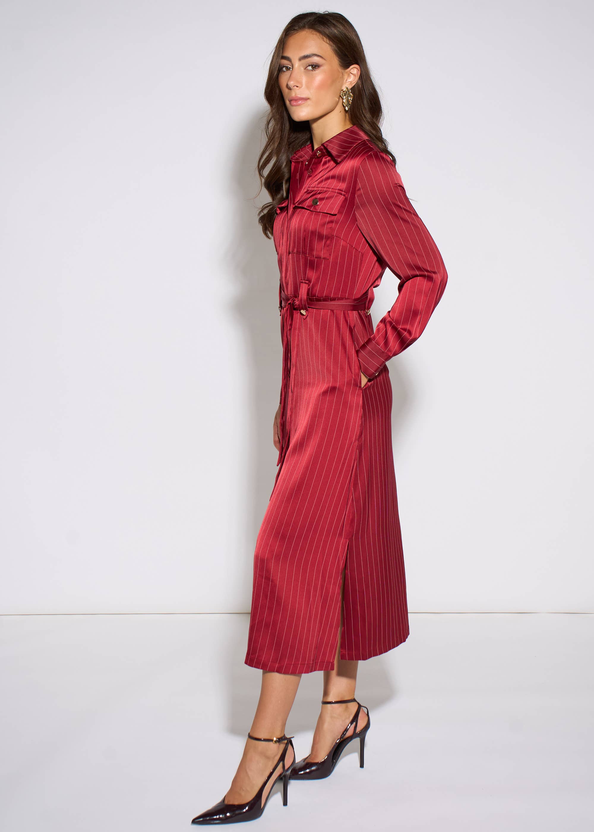 Mulberry Pinstripe Shirt Utility Belted Shirt Dress