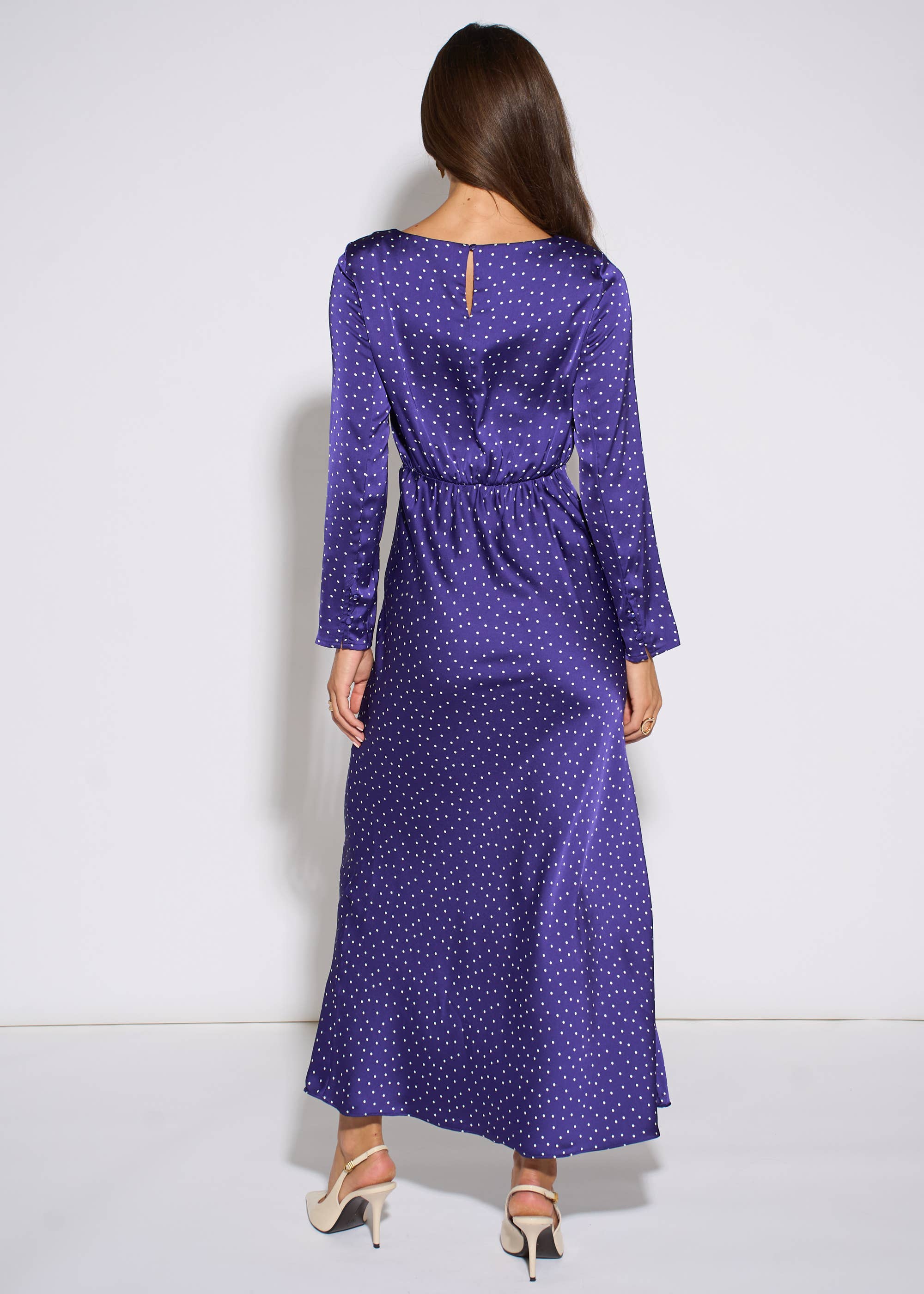 Blue Spot Long Sleeves Satin Midi Dress
