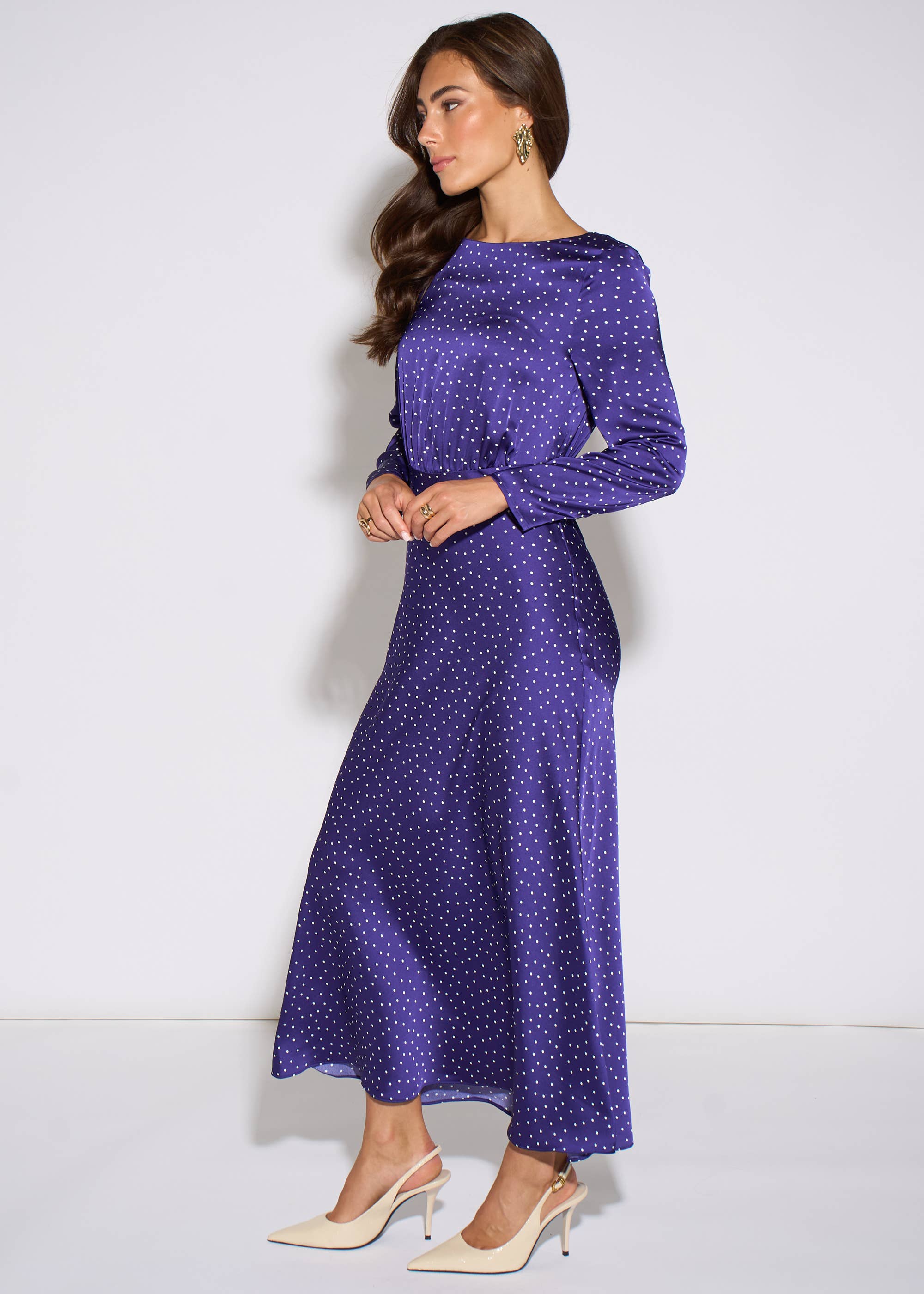 Blue Spot Long Sleeves Satin Midi Dress