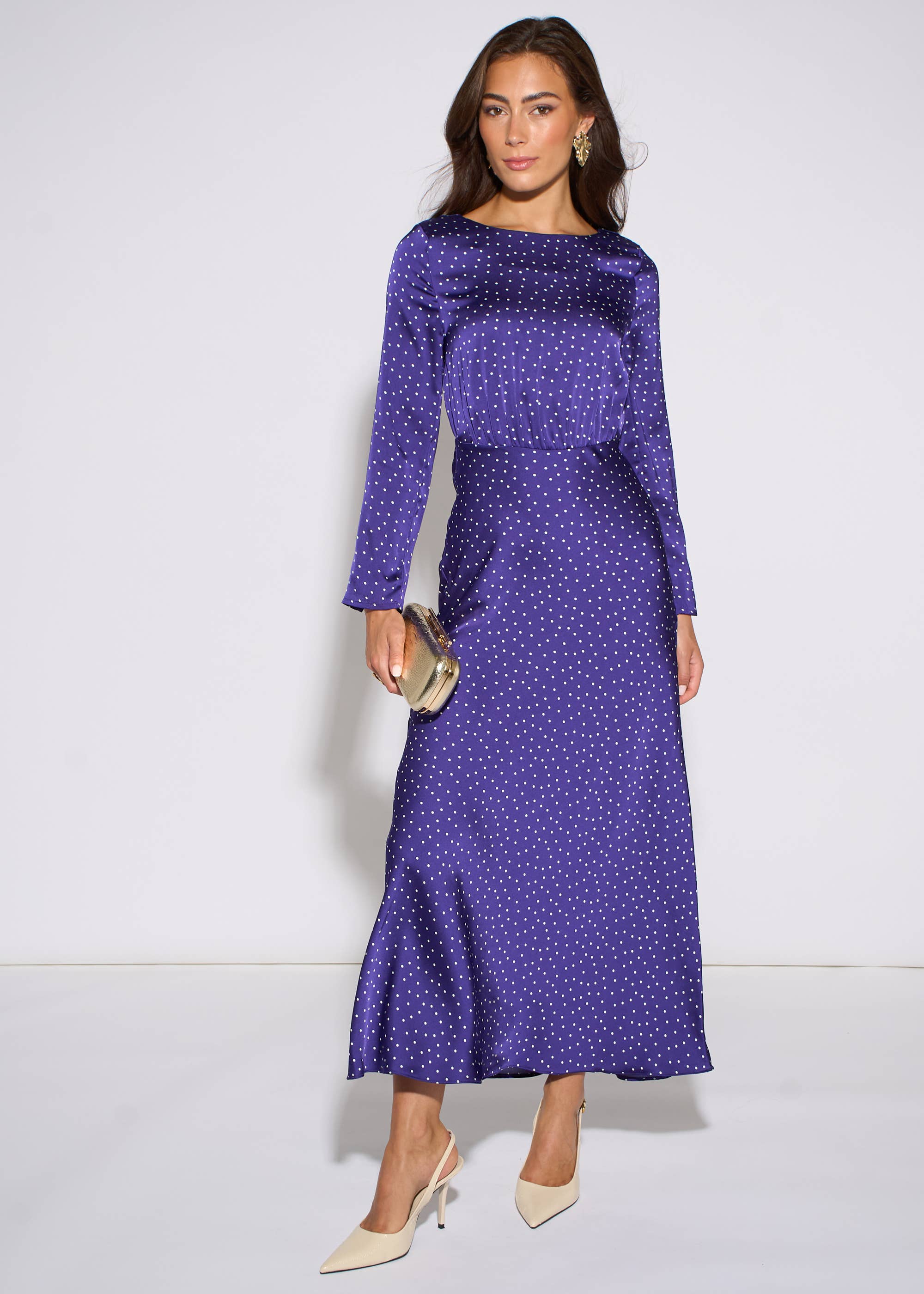 Blue Spot Long Sleeves Satin Midi Dress