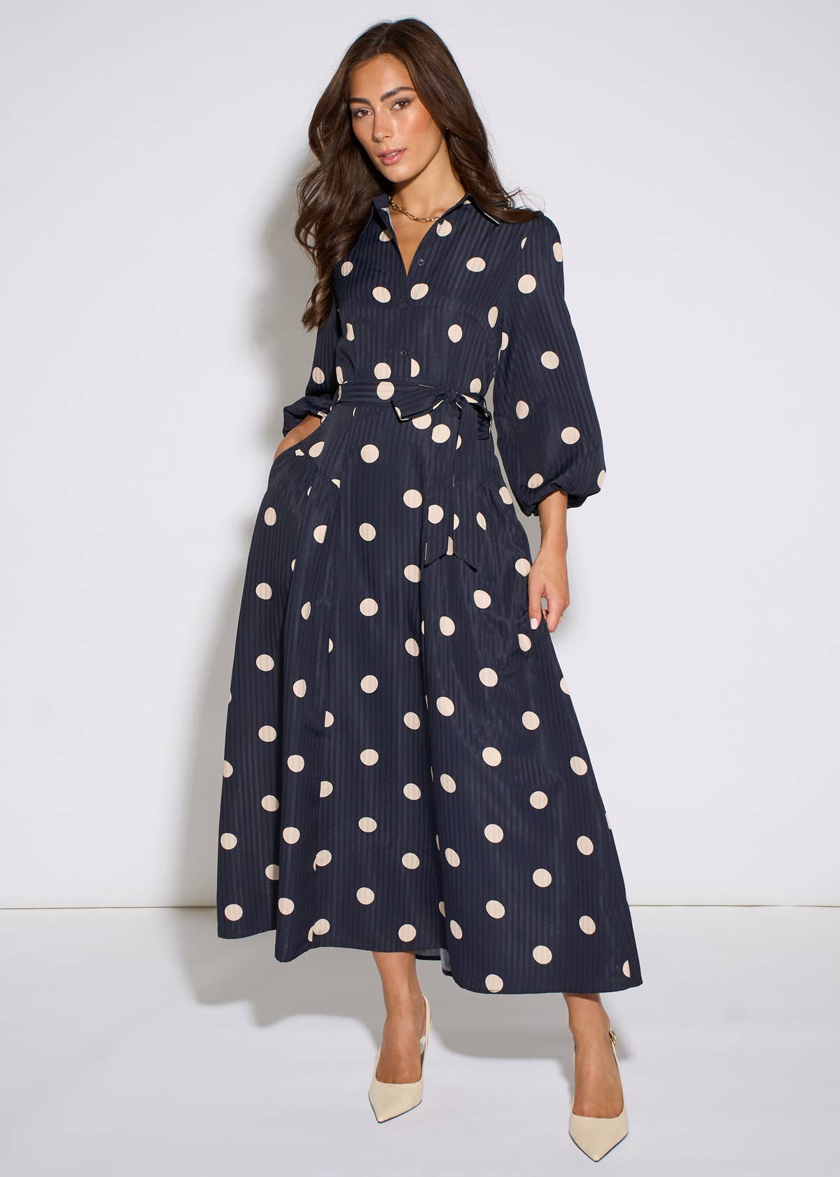 Navy Spot Jacquard Fit And Flare Dress