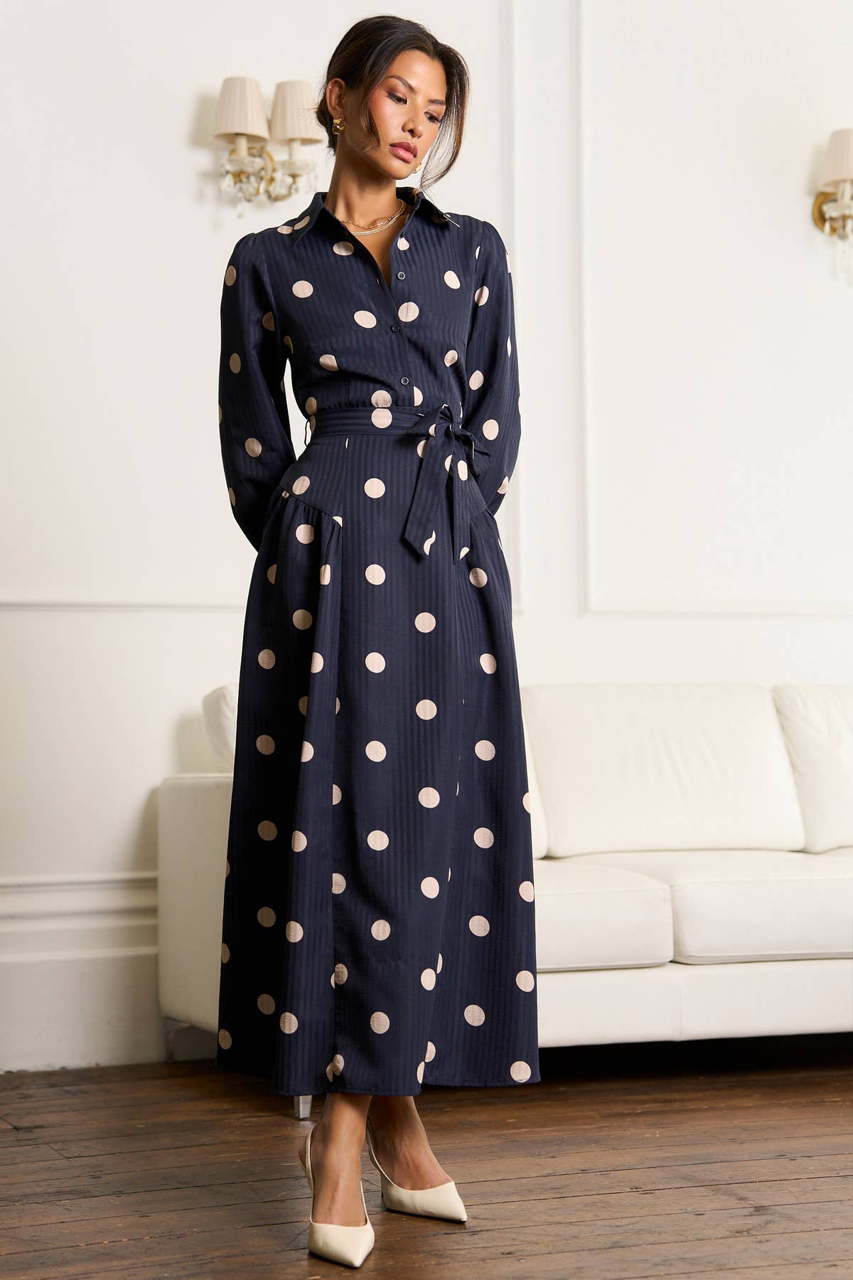 Navy Spot Jacquard Fit And Flare Dress