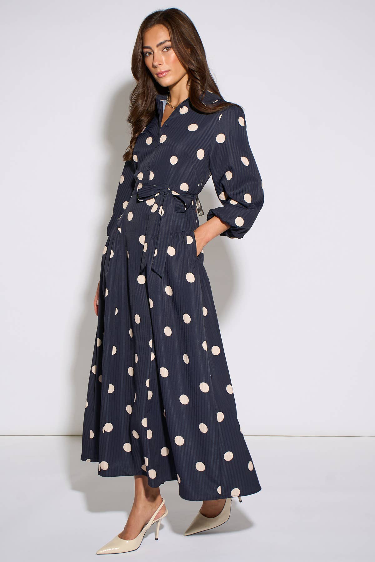 Navy Spot Jacquard Fit And Flare Dress