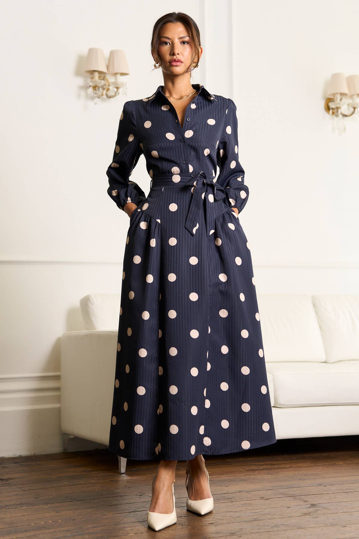 Navy Spot Jacquard Fit And Flare Dress