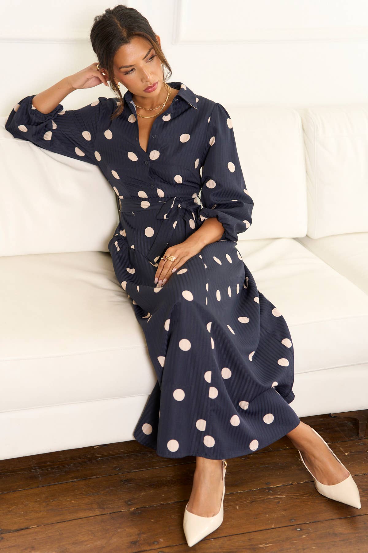 Navy Spot Jacquard Fit And Flare Dress