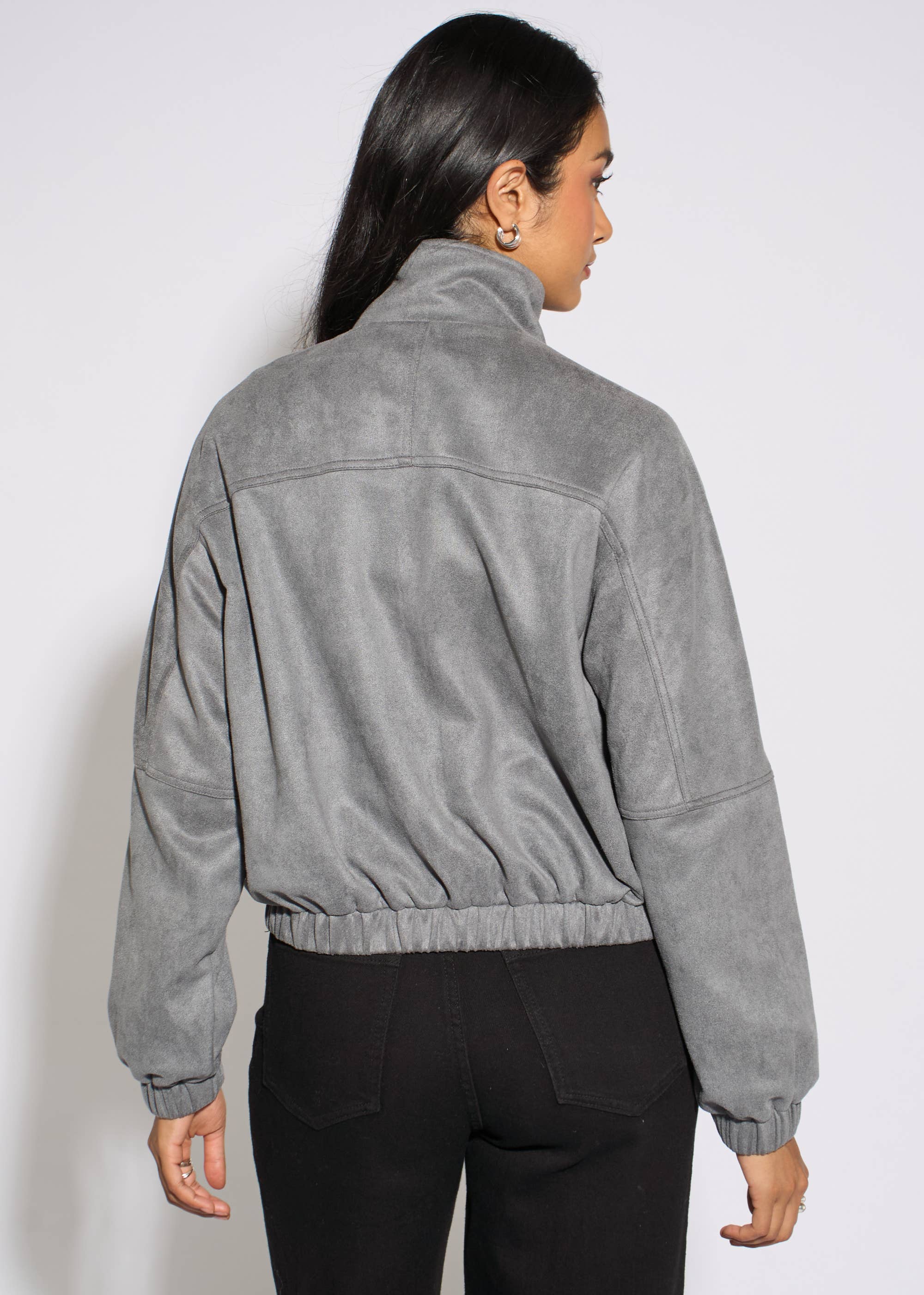 Grey Faux Suede Funnel Neck Bomber Jacket