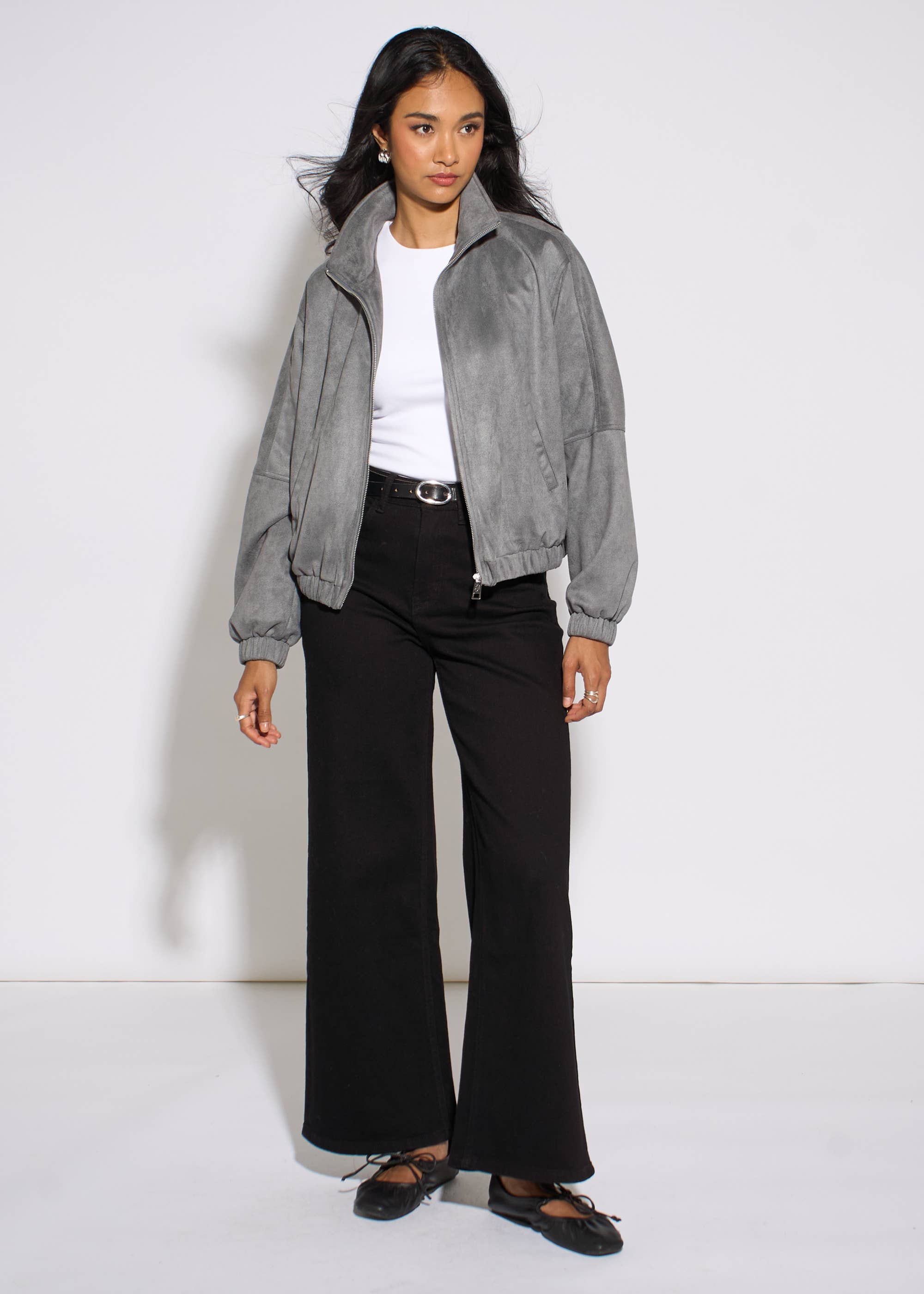 Grey Faux Suede Funnel Neck Bomber Jacket