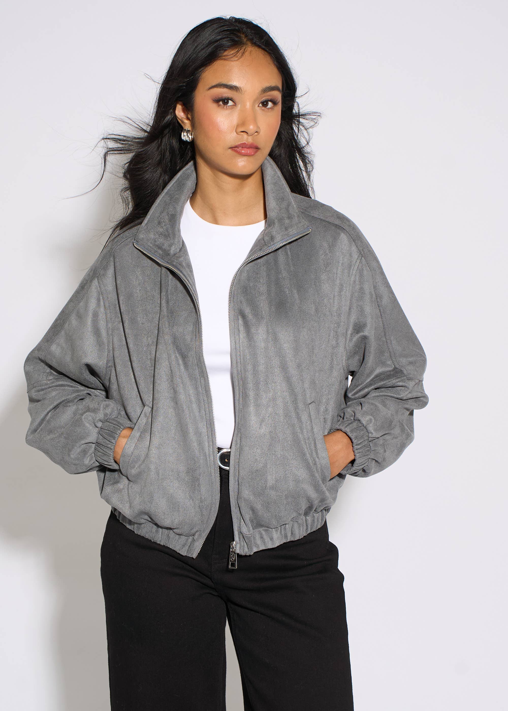 Grey Faux Suede Funnel Neck Bomber Jacket