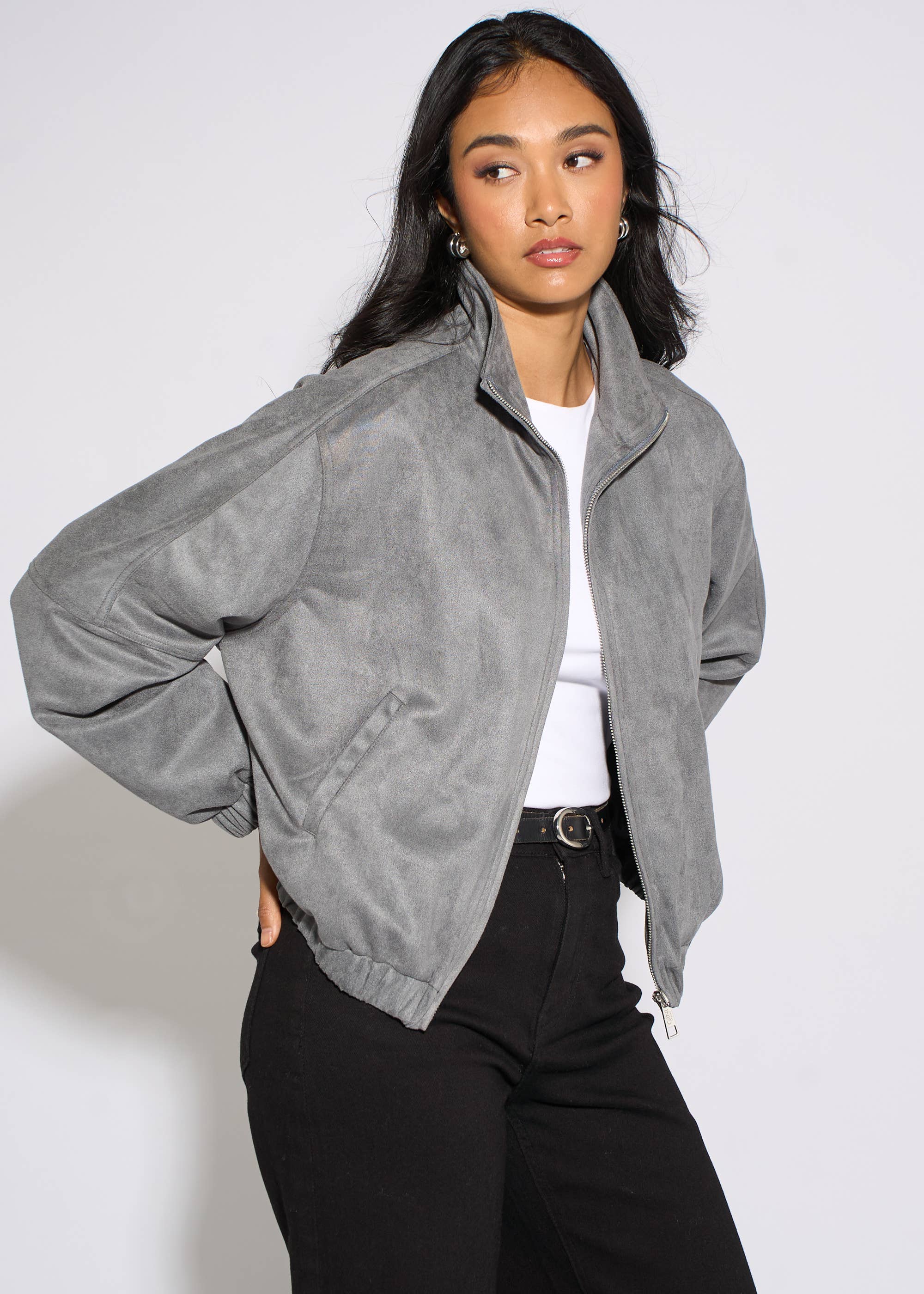 Grey Faux Suede Funnel Neck Bomber Jacket
