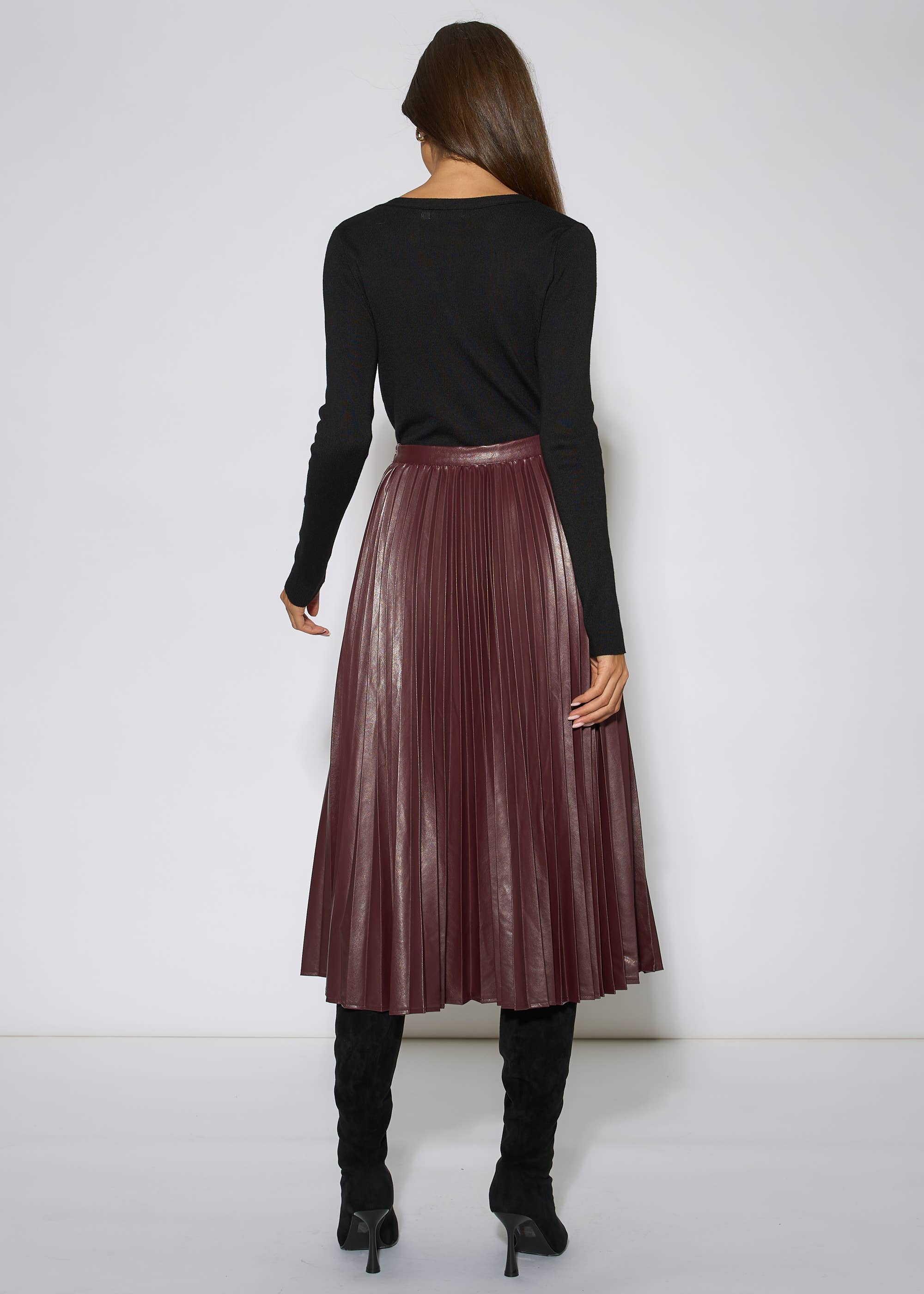 Burgundy Pleated Faux Leather Midi Skirt