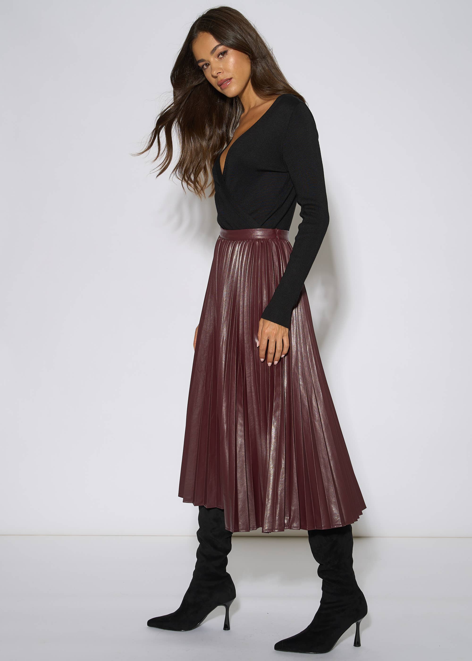 Burgundy Pleated Faux Leather Midi Skirt