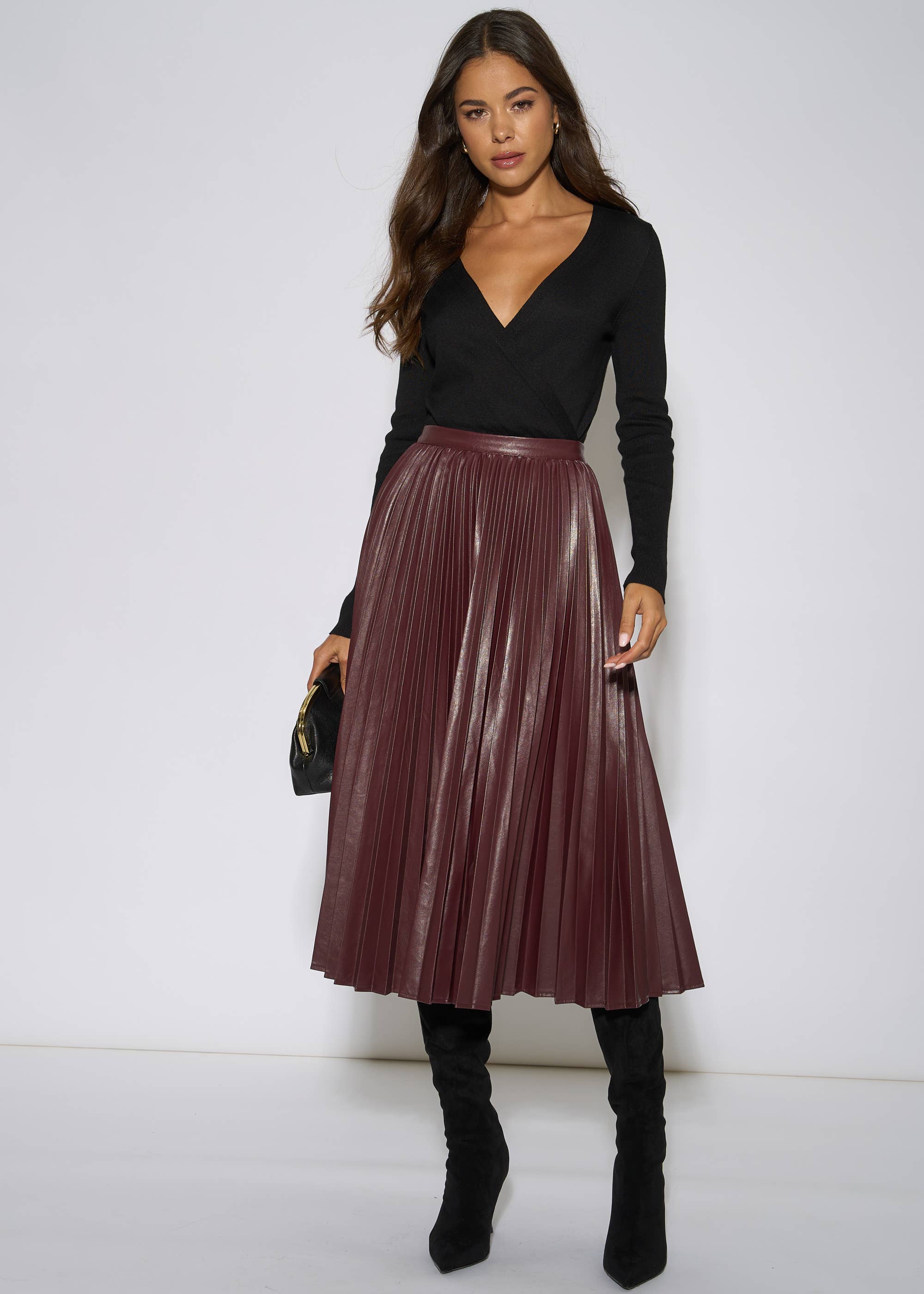 Burgundy Pleated Faux Leather Midi Skirt