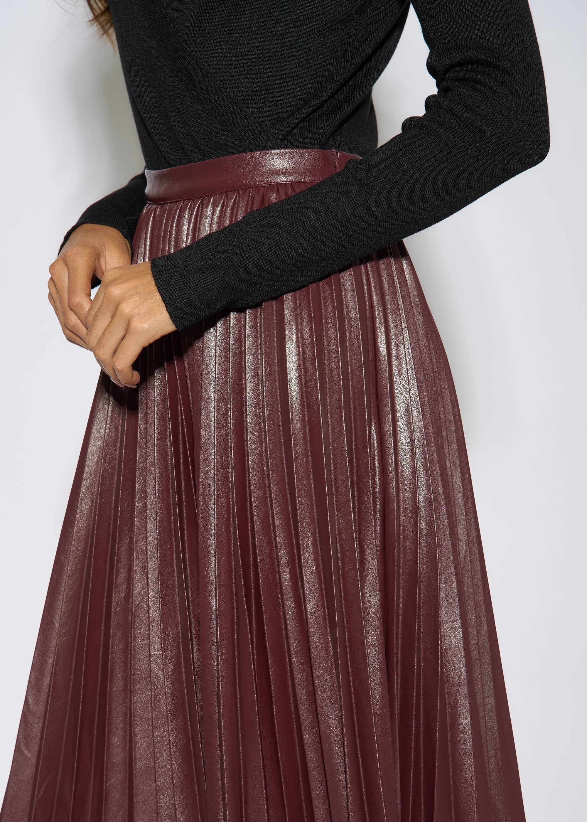 Burgundy Pleated Faux Leather Midi Skirt