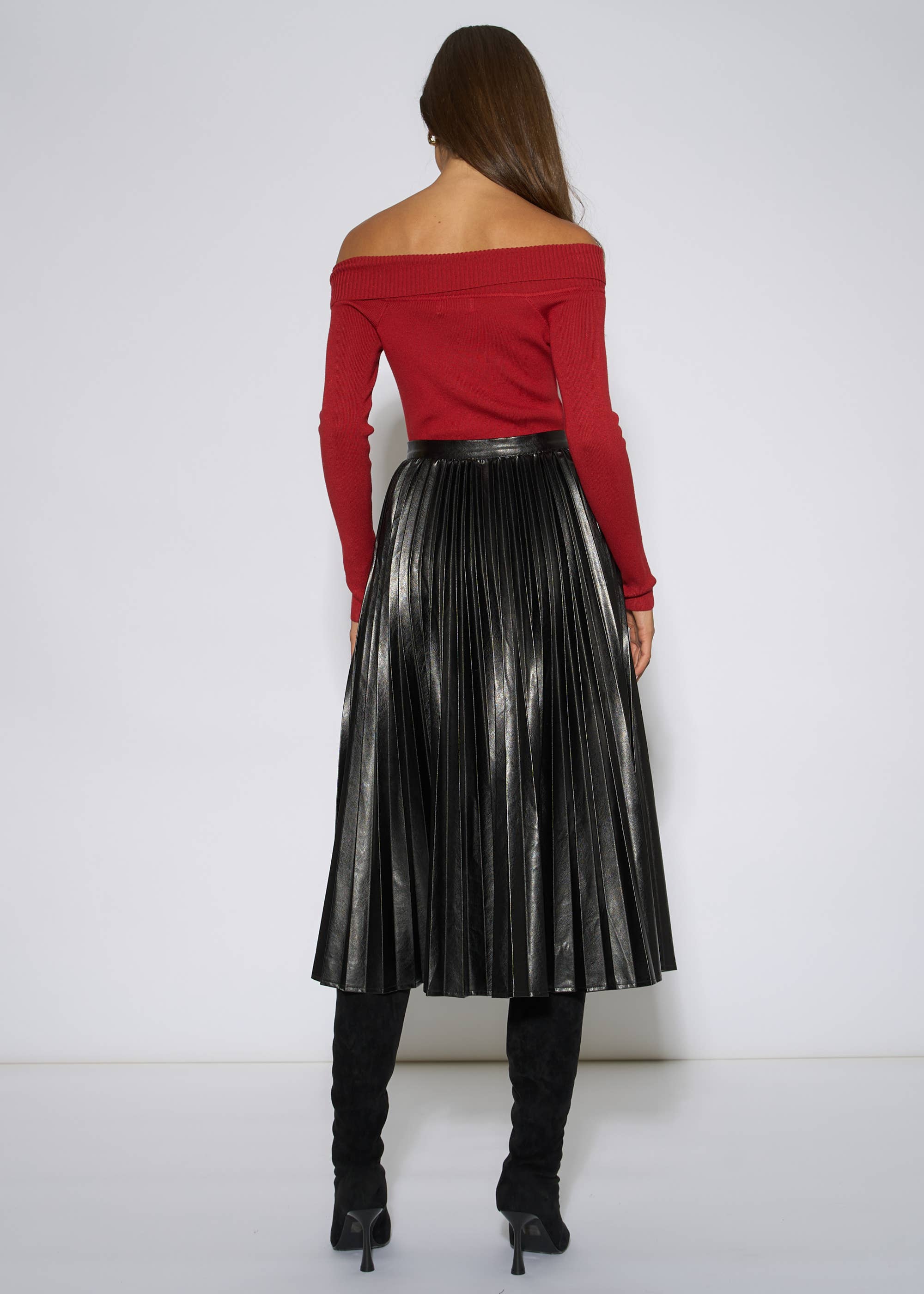 Black Pleated Faux Leather Midi Skirt