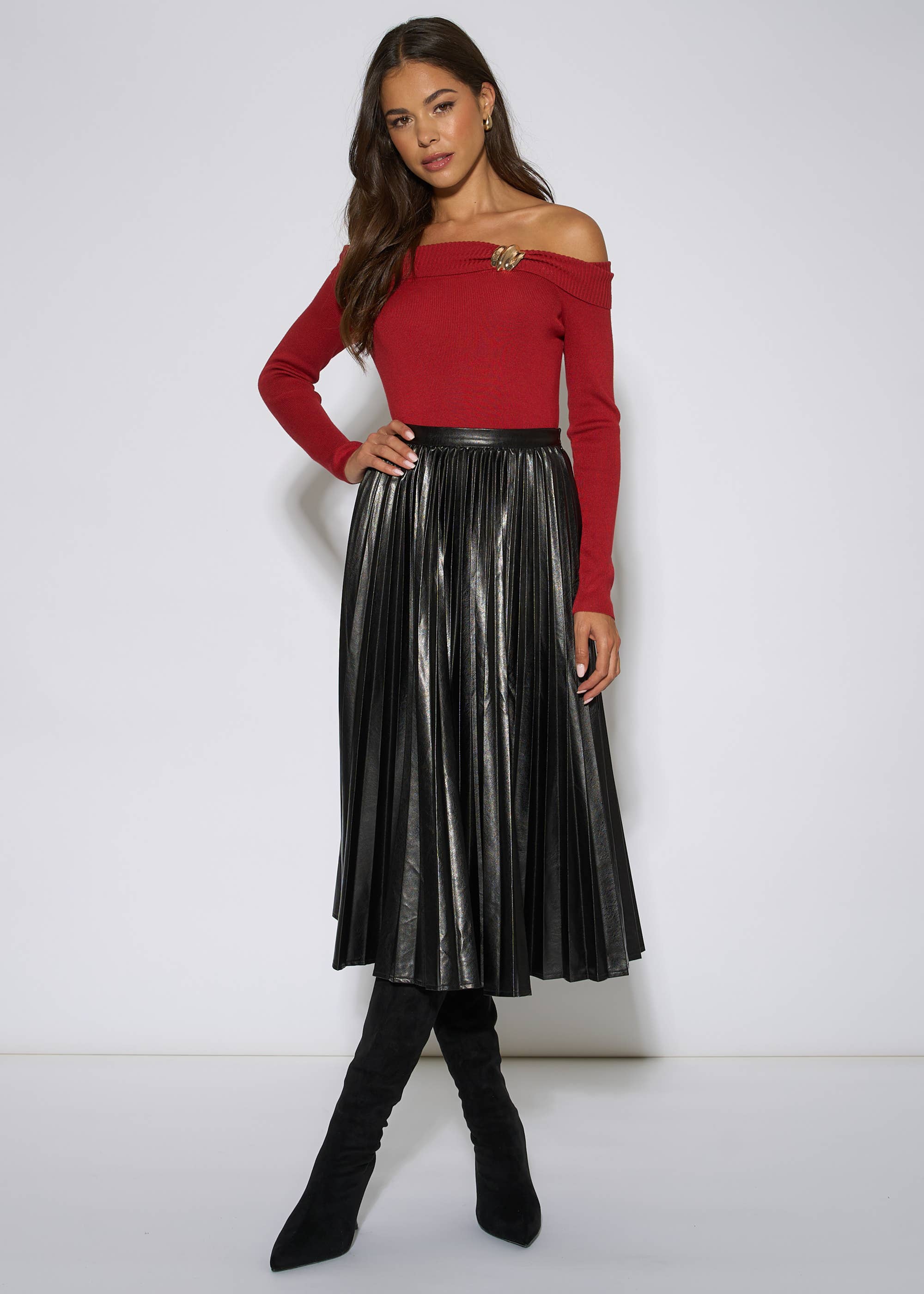 Black Pleated Faux Leather Midi Skirt