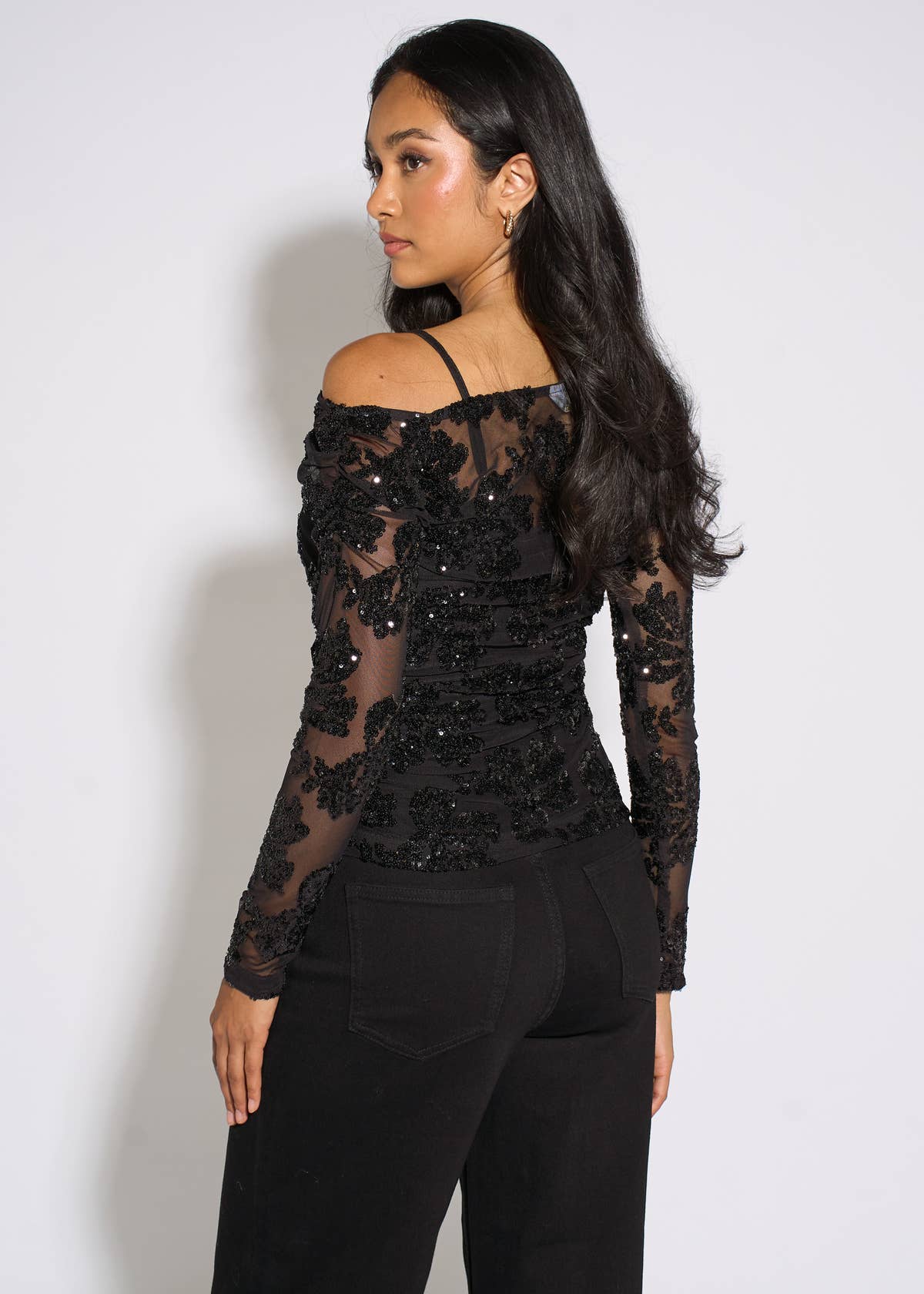 Black Floral Sequin Asymmetric Top