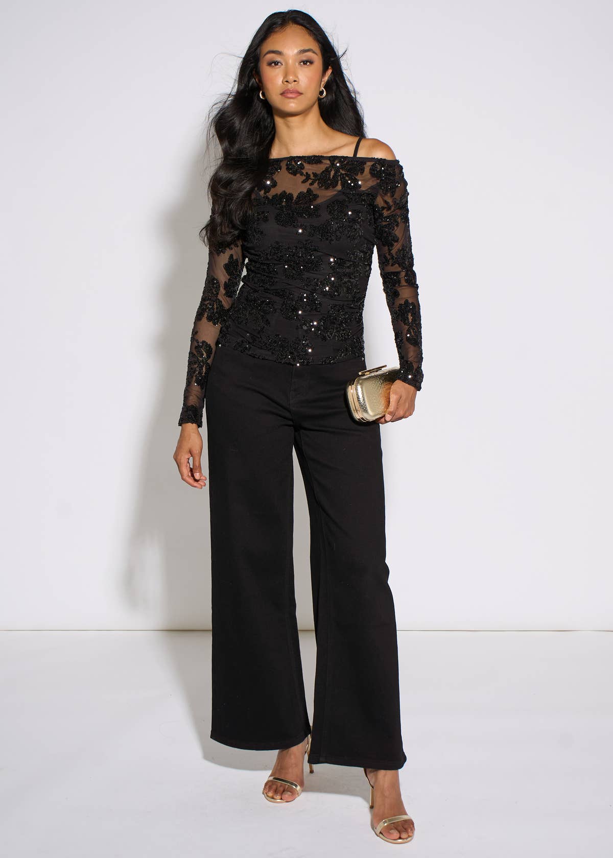 Black Floral Sequin Asymmetric Top