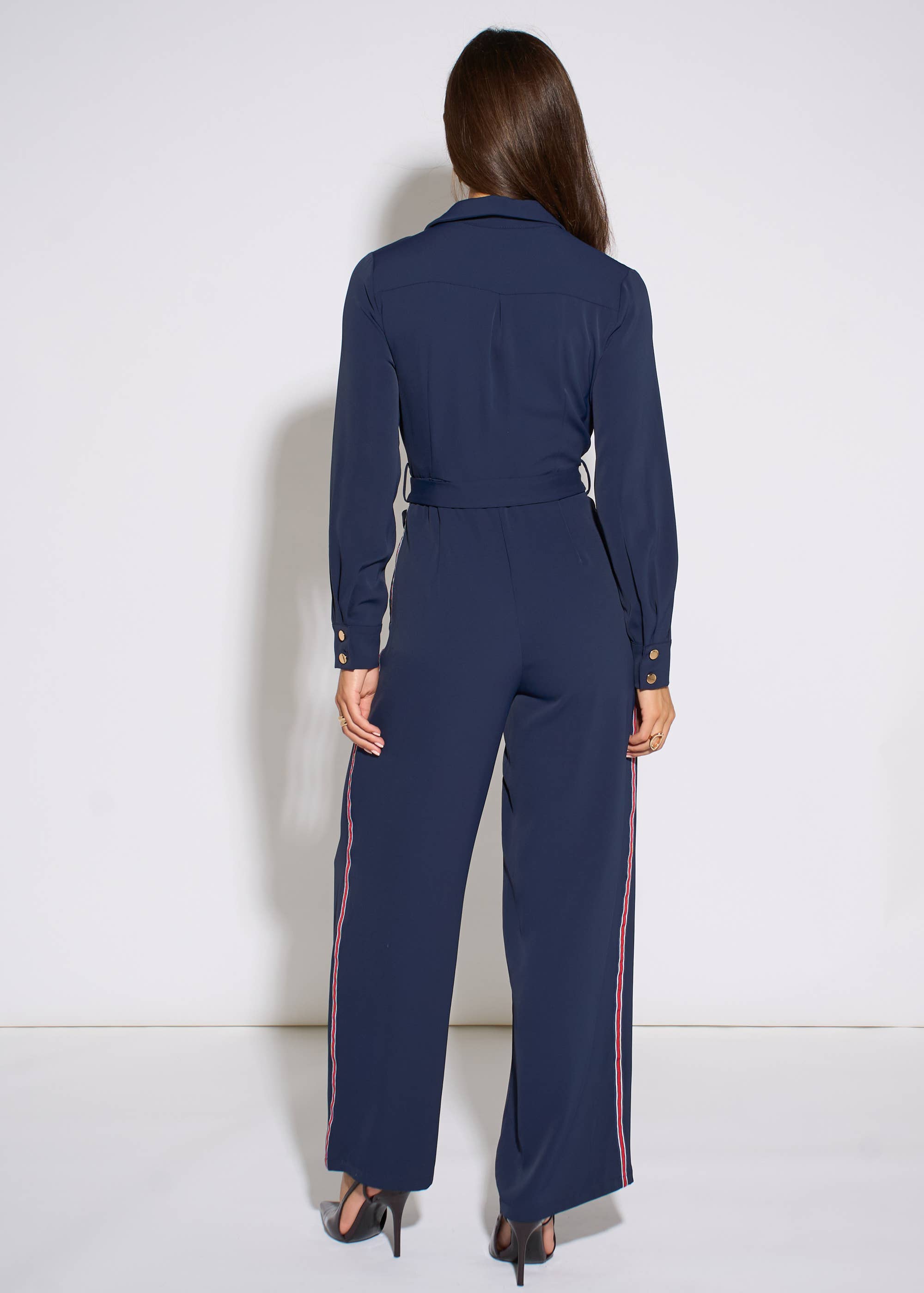 Navy Long Sleeves Side Strip Detail Jumpsuit