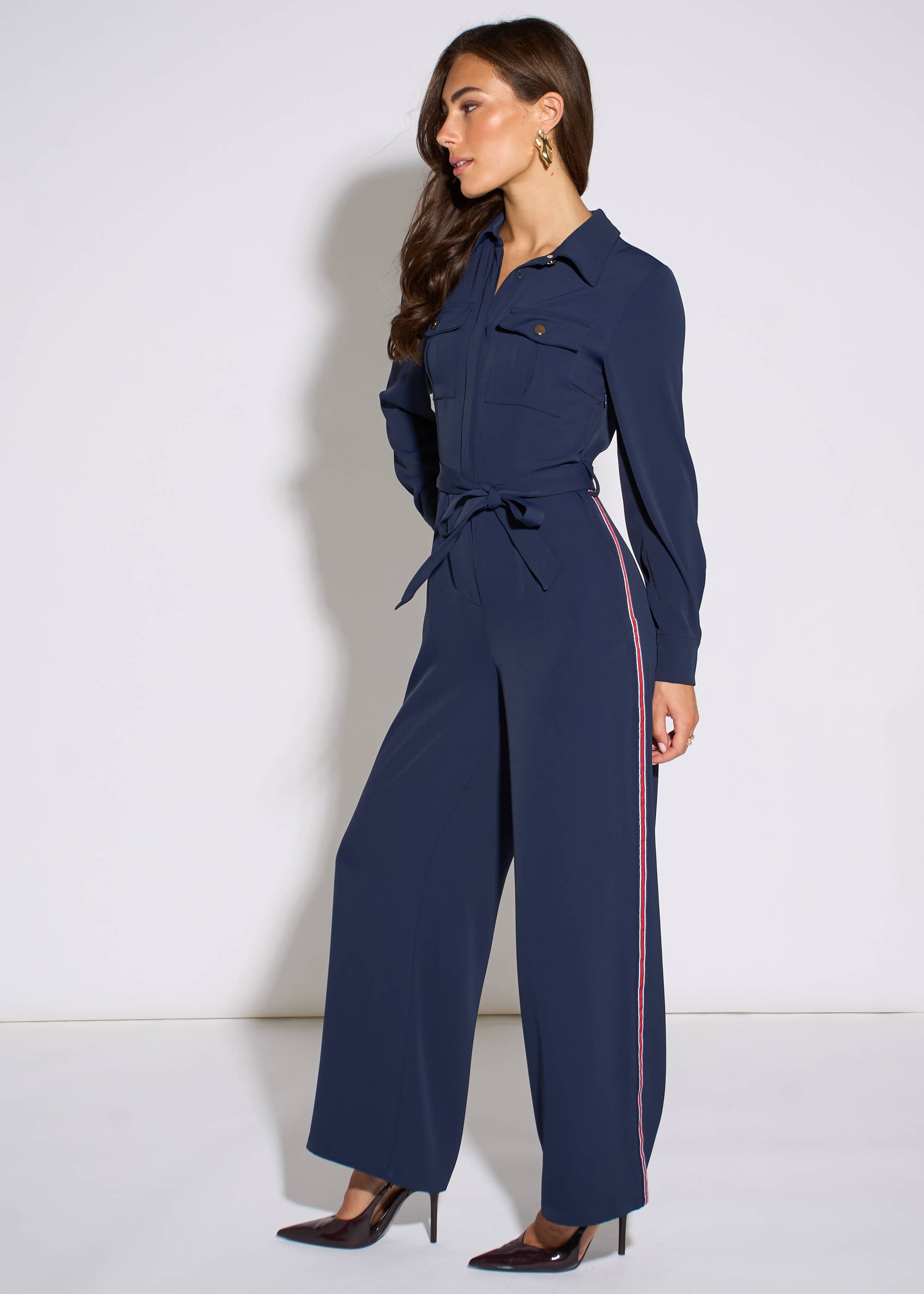 Navy Long Sleeves Side Strip Detail Jumpsuit