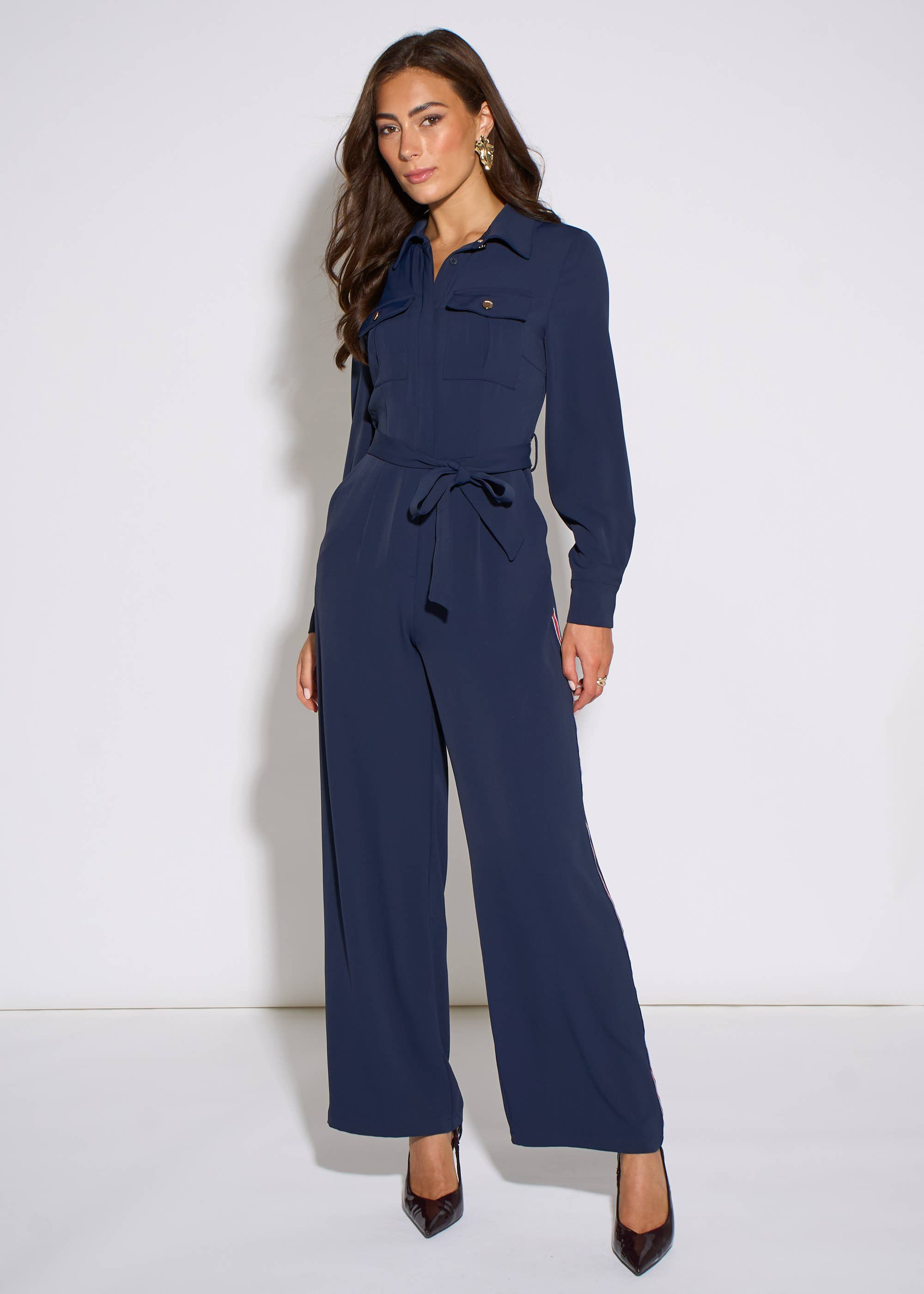 Navy Long Sleeves Side Strip Detail Jumpsuit