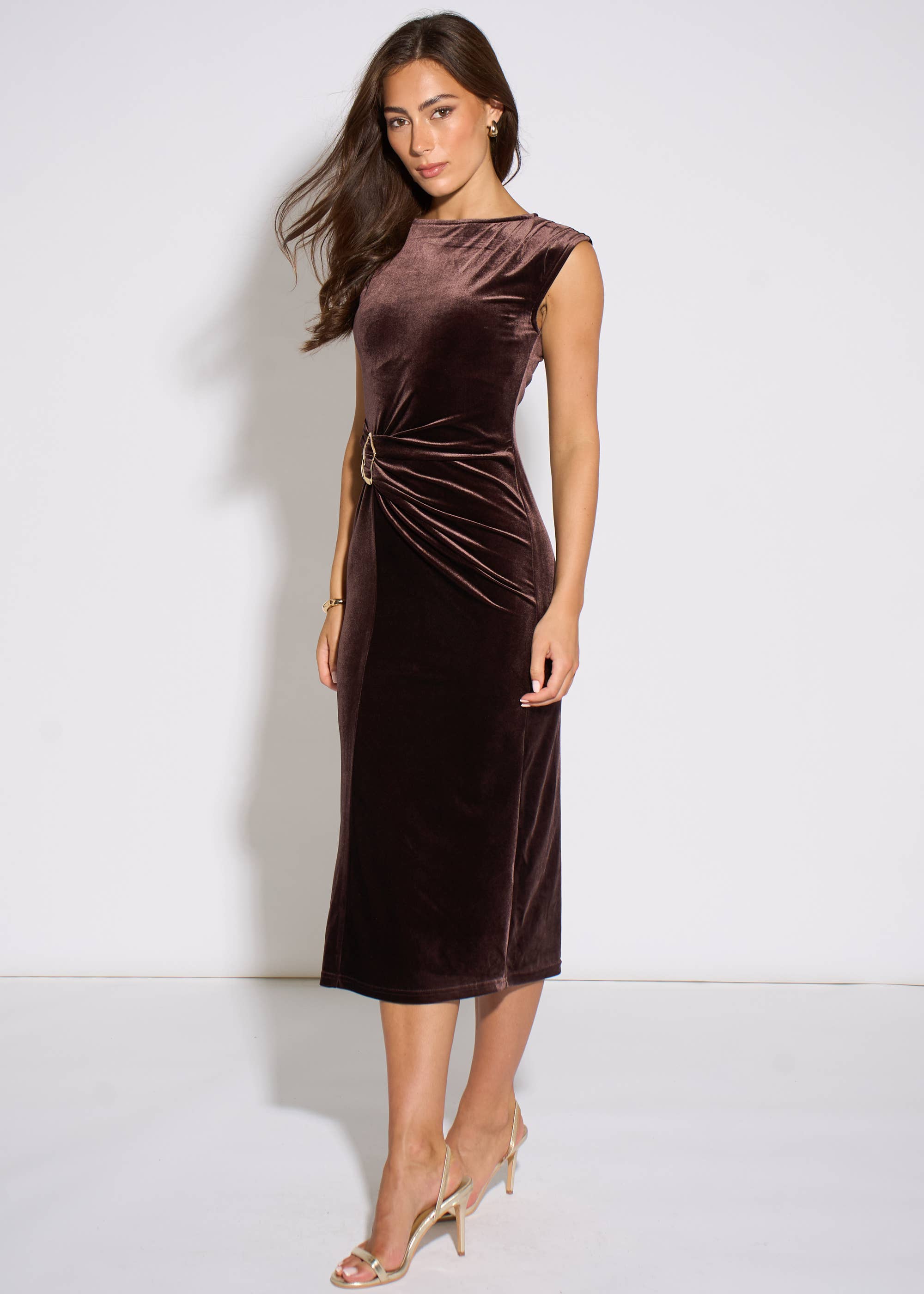 Brown Animal Velour Hardware Midi Dress