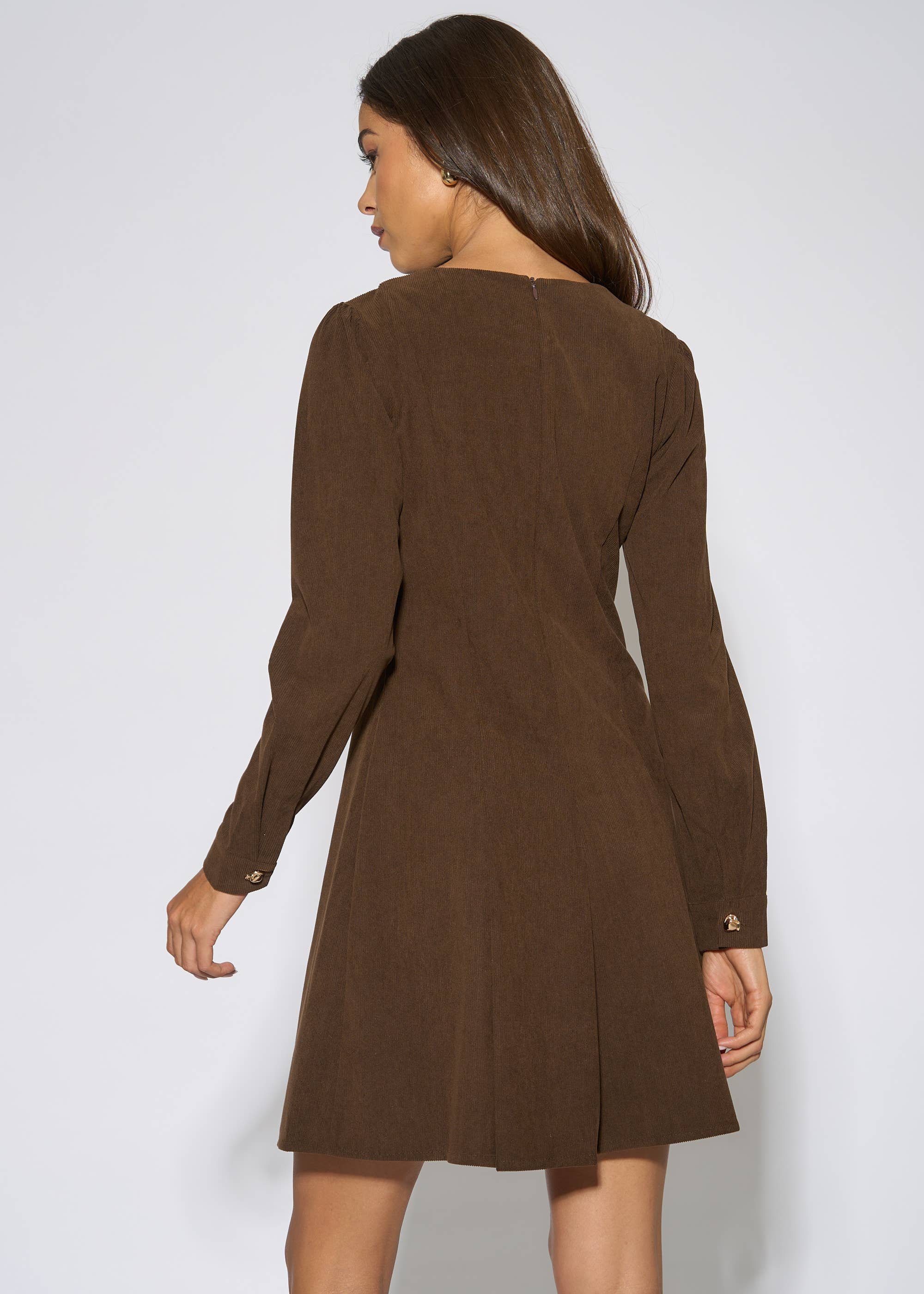 Dark Brown Gold Button Cord Mini Dress