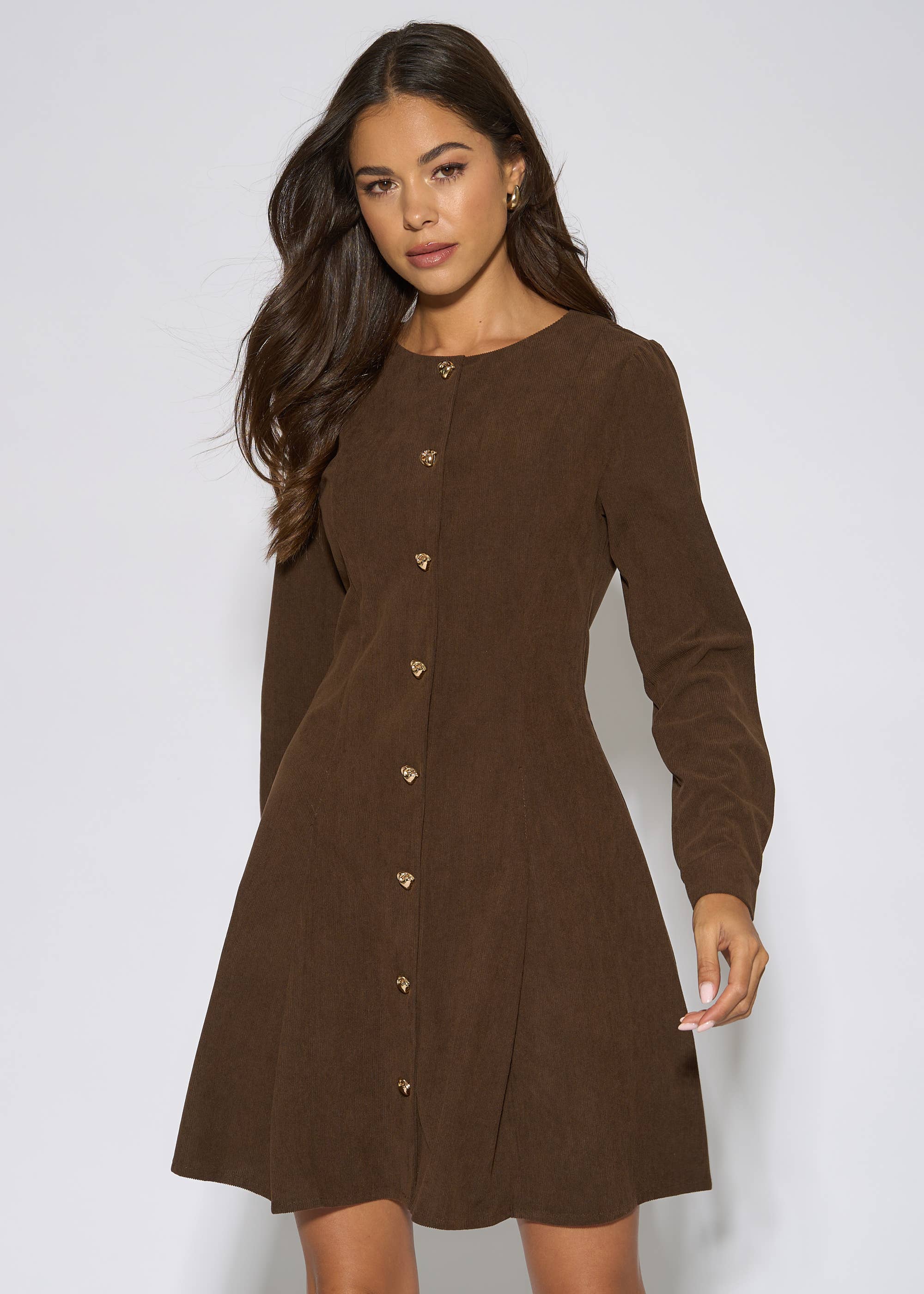 Dark Brown Gold Button Cord Mini Dress