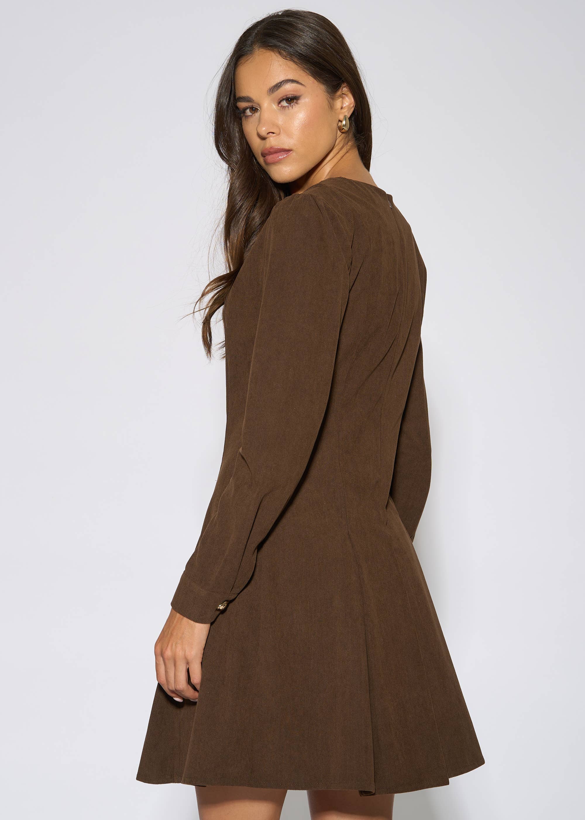Dark Brown Gold Button Cord Mini Dress