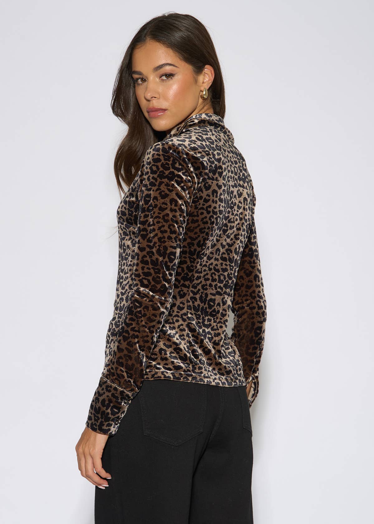 Neutral Animal Velour Button Front Shirt – View 2 | Gini London