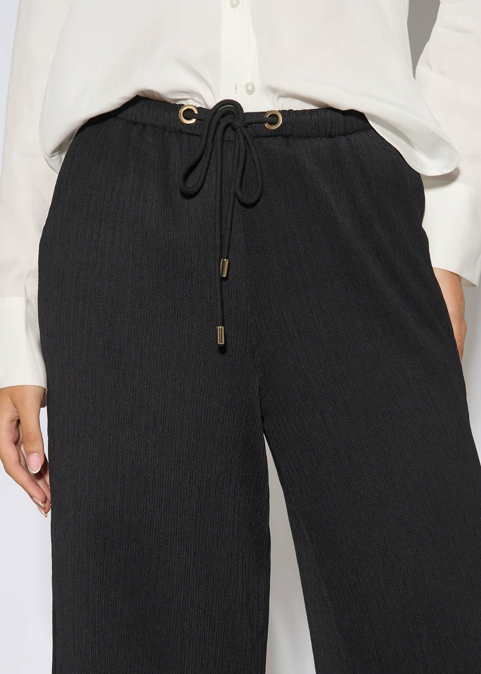 Black Textured Elasticated Waist Drawstring Trouser