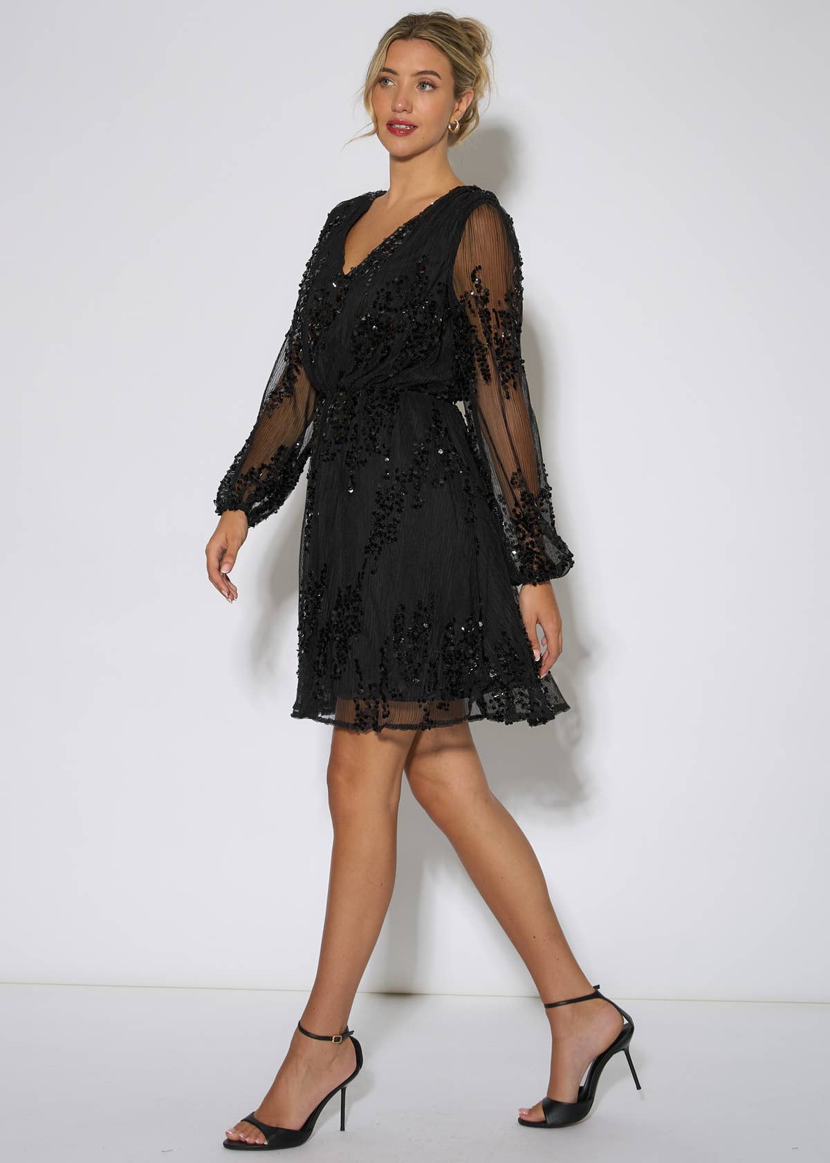 Black Sequin Floral V Neck Mini Dress