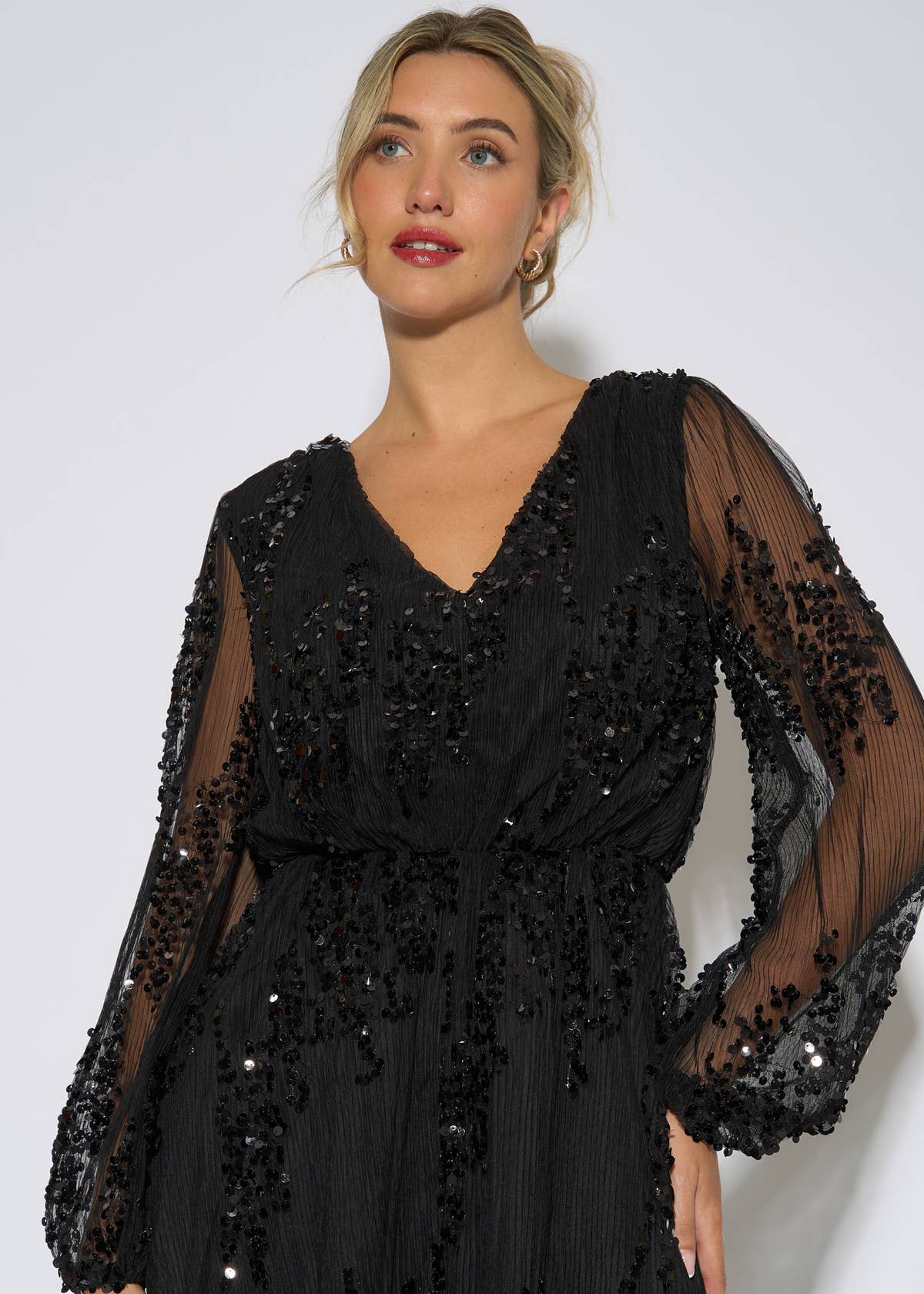 Black Sequin Floral V Neck Mini Dress